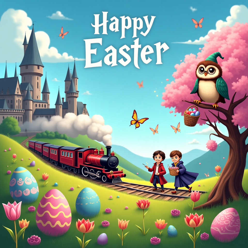 In this whimsical Easter-themed greeting card, a delightful tableau unfolds in the vibrant landscape surrounding the iconic Hogwarts Castle. The castle's spires and turrets pierce the clear blue sky, standing majestic and grand, while the lush grounds below are dotted with oversized, colorful Easter eggs, intricately decorated with swirling magical patterns and glistening in the sunlight. In the foreground, the Hogwarts Express chugs along a glistening track made entirely of intertwining chocolate bunnies and pastel marshmallow chicks, its crimson locomotive puffing out plumes of white steam that artistically morph into the words "Happy Easter" high in the sky, adding a magical touch to the scene.

To the right, perched on a branch of a flowering cherry blossom tree, a wise and whimsical owl wearing tiny round spectacles and a wizard's hat observes the festivities. It clutches a letter in its talon, tied with a shimmering golden ribbon, hinting at messages of Easter joy. Beneath the tree, a group of jubilant, cartoon-like Hogwarts students, clad in colorful robes, engage in a cheerful Easter egg hunt. Each student holds a basket woven from spellbinding twigs and filled with an array of enchanted treats that sparkle with enchantment.

Throughout the scene, little details add layers of enchantment: butterflies flutter with wings that resemble wizarding house crests, and tiny pixies dart playfully among the blooming tulips, sprinkling tiny dots of glowing magic that drift gently down like fairy dust. This vibrant, magical scene encapsulates a joyous Easter celebration in the wizarding world, blending the charm of Hogwarts with the playful spirit of the season, while prominently displaying the recipient's name in the festive sky.
Generated with these themes: Hogwarts castle , Easter eggs , Hogwarts train, and Owl.
Made with ❤️ by AI.