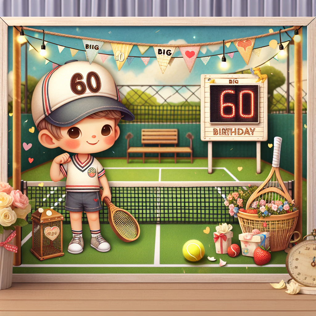Imagine a charming cartoon-style illustration. The main setting is a vintage tennis court that carries the theme of a 60th birthday celebration. A cutesy character, sporting the attire of a vintage tennis player, stands on this court. This character wears a cap emblazoned with 'Big 60' and prepares to serve a tennis ball with enthusiasm. The scene is made more celebratory with the inclusion of whimsical elements such as tennis rackets adorned with ribbons, netting festooned with twinkling party lights, and a quirky scoreboard that playfully showcases the number 60.
Generated with these themes: 60th tennis player.
Made with ❤️ by AI.