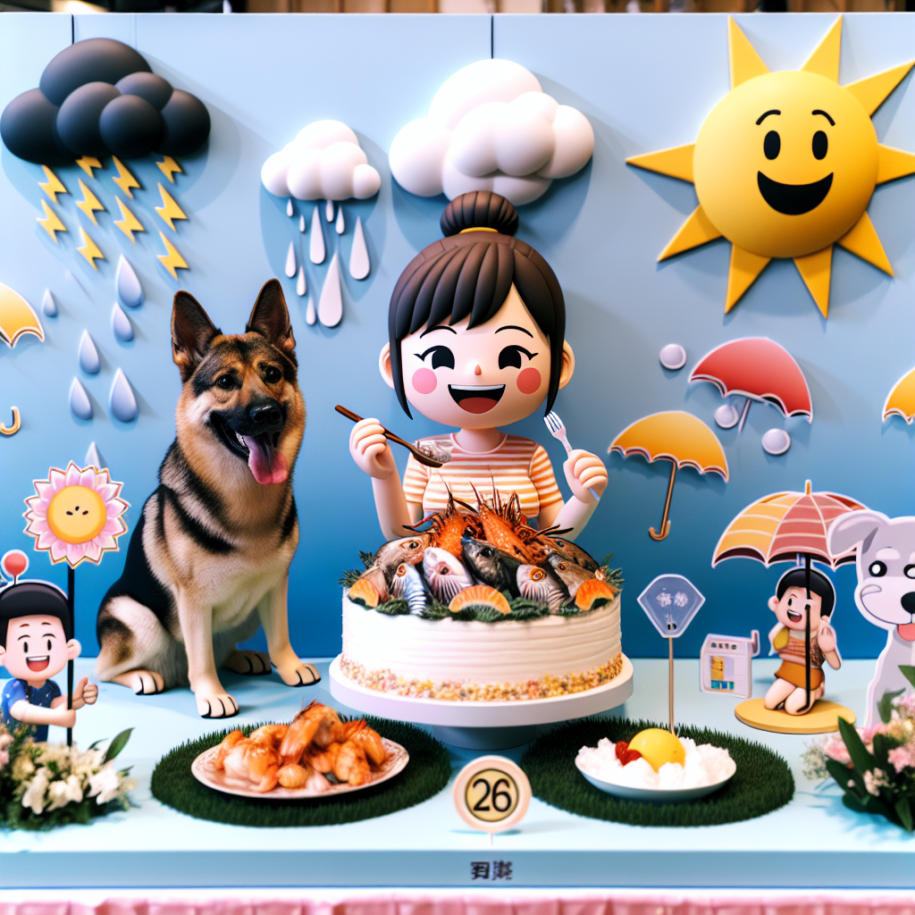 Depict a whimsical birthday setup. In the midst of the merry celebration, make the central figure an Asian woman enjoying a plate of delectable seafood, while her attentive German Shepherd dog waits for a walk by her side. Make all elements cartoonish for a fun twist. Above them, include playful art installations, each design reflecting a unique type of weather - sunny, rainy, snowy, and stormy. These elements should add to the festive and buoyant environment of the party.
Generated with these themes: Eats seafood , Walks German shepherd dog, and Art weather.
Made with ❤️ by AI.
