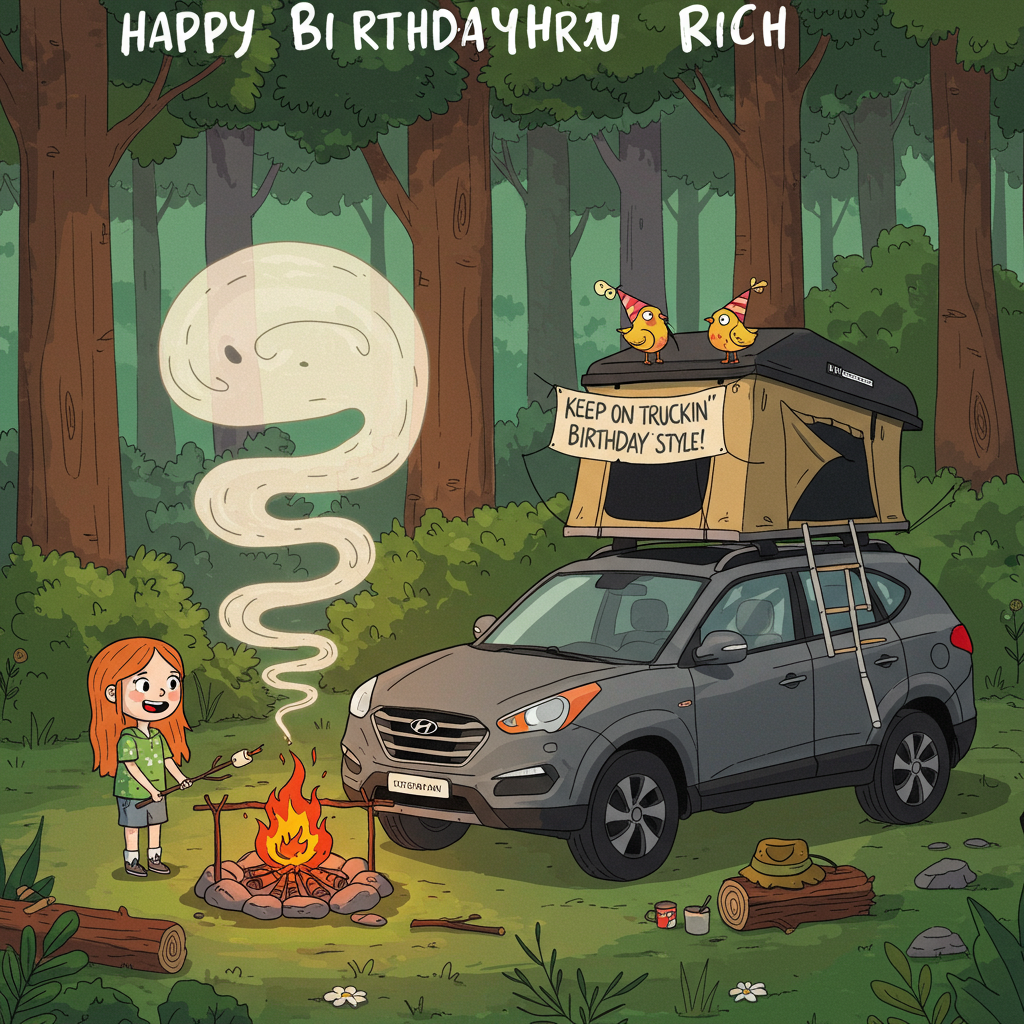 Roof tent , Grey hyundai tucson, Girl with straight ginger hair , Boy with brown short hair , Camp fire , and Birthday Card