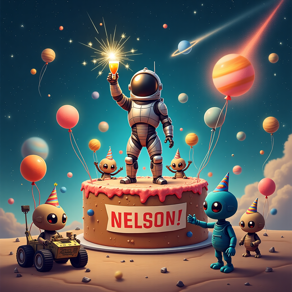 In the vast expanse of space, a humorous yet epic birthday celebration unfolds on a distant planet. A space marine in gleaming, silver armor stands triumphantly atop a meteor-shaped cake, complete with brightly colored icing and sparklers that mimic the flames of rocket thrusters. His helmet is off, revealing a cartoonish grin, as he raises a glass of alien punch in a toast to Nelson. Surrounding him, a squadron of adorable, tiny alien creatures, each with a party hat perched atop their head, are cheerfully juggling small, glowing planets that hover mid-air. The scene is set against a backdrop of swirling galaxies and shimmering stars. In the sky, a comet trails by, leaving a glittery tail spelling out "Happy Birthday, Nelson!" in sparkling cosmic dust. In the foreground, a space rover decked out with colorful streamers and balloons has its robotic arm holding up a banner that reads, “To Infinity and Birthday Cake!” A cluster of floating helium balloons shaped like planets adds a splash of vibrant color to the scene, while a mischievous alien attempts to pop one with its antenna, eliciting laughter from the space marine.
Generated with these themes: Space marine.
Made with ❤️ by AI.