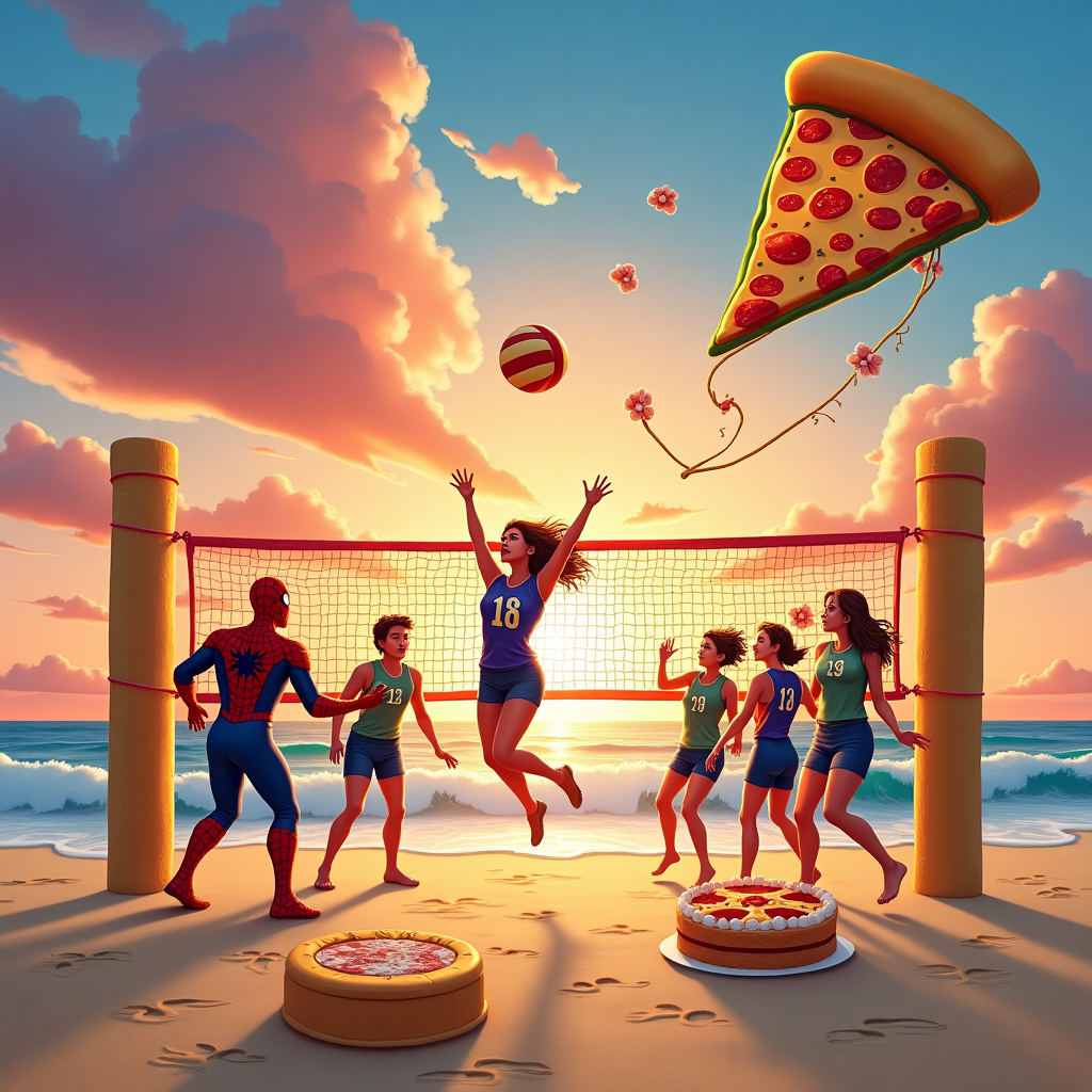 The birthday card front cover depicts a whimsical and action-packed volleyball game taking place on a vibrant beach, with the sunset casting an array of pinks, oranges, and purples across the sky. In the foreground, a volleyball net stretches across the sand, supported by poles made to resemble oversized pizza slices, their cheesy tops holding the net aloft. The volleyball itself is emblazoned with the iconic Marvel logo, mid-air as if Spider-Man had just given it a super-powered serve. On the left side of the scene, a team of Marvel superheroes, including Spider-Man, Iron Man, and Captain Marvel, are in dynamic poses, ready to play. They're dressed in themed volleyball outfits, combining their iconic colors and logos with athletic gear.

On the opposing side, a group of jubilant teenagers, including Jasmine who is turning 18 today, is energetically poised to return the ball. Jasmine stands in the center, wearing a jersey with "18" prominently displayed. She's leaping up with one hand extended, her face a mix of determination and joy. Her teammates wear jerseys with pizza slice motifs, while the waves gently lap at their feet, as if urging them on with each rolling crash.

Behind them, a pizza box kite is tethered to one of the poles, its string forming the letters of "Happy 18th Birthday, Jasmine!" as it dances in the air. The kite is designed to resemble a classic pizza box, with bright red and green colors and cartoonish illustrations of toppings. Above, clouds shaped like Thor's hammer and Captain America's shield float lazily by, while the beach is dotted with footprints leading to a table. This table, set a little further back, is covered with an elaborate pizza-shaped birthday cake, surrounded by more Marvel-themed decor, hinting at a celebration ready to continue after the game.
Generated with these themes: 18th Birthday, Volleyball, Pizza, and Marvel.
Made with ❤️ by AI.