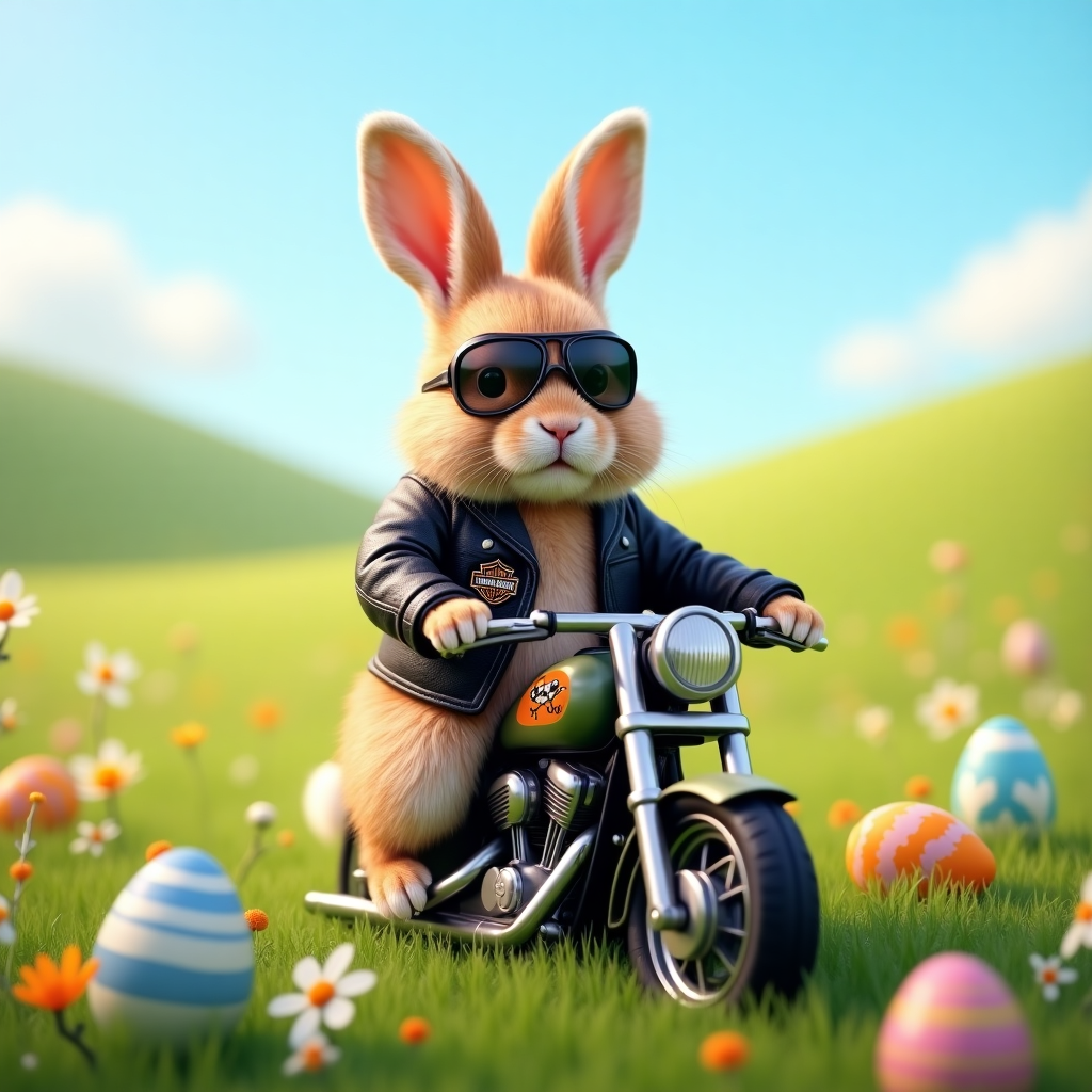 At the top of the realistic photograph image, “Hoppy Easter, I.B.M.C.—Keep on Hare-leyin’!”

**Prompt for the image:**

A highly detailed, realistic photograph set in a sun-drenched spring meadow with vibrant green grass and blooming wildflowers. In the center, a cute fluffy bunny—realistic and expressive—rides a mini Harley Davidson-style motorcycle. The bunny wears a tiny, black leather biker jacket with patches like a carrot skull-and-crossbones and a "Born to Hop" badge. A pair of tiny aviator goggles sits above its furry brows. Scattered around the bunny and motorcycle are colorful, pastel-decorated Easter eggs nestled in the grass. In the background, gentle rolling hills stretch under a clear blue sky with a few fluffy white clouds. The entire composition has a cheeky and adorable mood, balancing biker attitude with Easter charm. The image is shot in a bright, cheerful tone with high realism and sharp focus.
Generated with these themes: Bunny riding , Mini Motorcycle , Meadow , Leather jacket, Easter eggs, and Harley Davidson.
Made with ❤️ by AI.