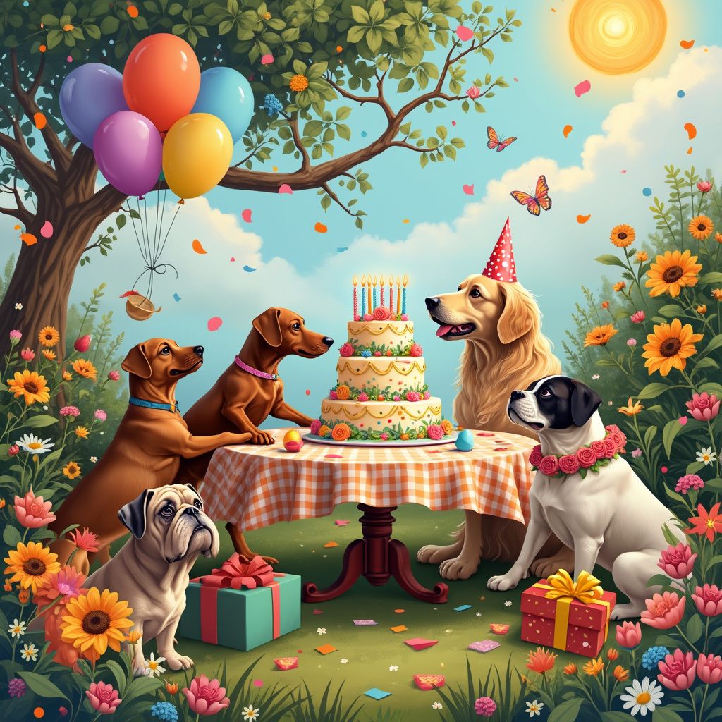 Dogs, Cake, and Flowers Birthday Card