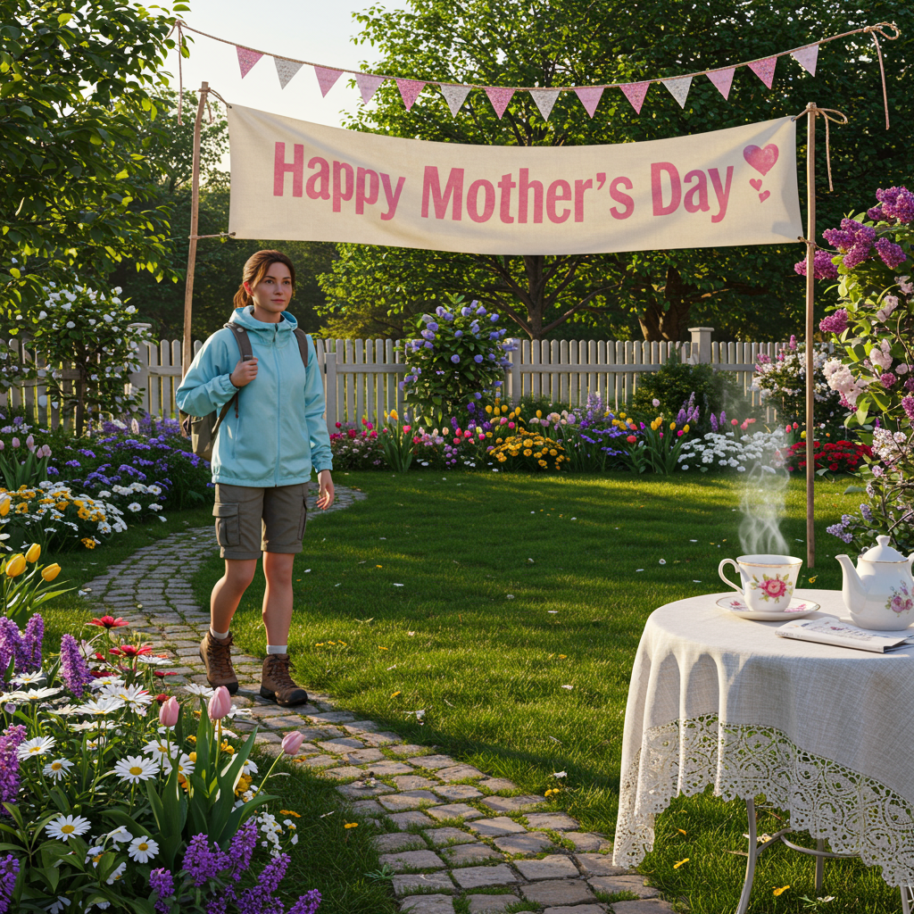 Front and center, a realistic photograph-style scene unfolds with meticulous attention to lifelike details. The setting is a sunlit garden with a vividly green, manicured lawn bordered by colorful flower beds brimming with blooming daisies, tulips, and lilacs. The garden is enclosed by a white picket fence, and in the background, lush, towering trees add depth and dimension, their leaves whispering in the gentle breeze.

To the left of the scene, a lady is depicted mid-hike, striding confidently along a neatly cobblestoned path that winds through the garden. She is dressed in practical yet stylish hiking attire: a pale blue windbreaker, grey cargo shorts, and sturdy brown hiking boots. A sleek, forest-green backpack is slung over one shoulder, and her hair is tied back in a practical ponytail.

Positioned towards the right of the scene, a quaint garden table is set up. Atop the table, a delicate, floral-patterned teacup and saucer sit steaming with freshly brewed tea, the warm steam visibly swirling into the cool air. Next to the cup, a small, ornate silver teaspoon rests, casting a tiny shadow on the tablecloth that covers the table. The tablecloth is white with intricate lace edges, elegantly draped and fluttering slightly.

Arcing across the sky above, a "Happy Mother's Day" banner is prominently displayed. The banner is crafted from sturdy canvas, its letters bold and elegantly scripted in vibrant pink against a creamy white background, fluttering gracefully as it is suspended between two poles adorned with festive ribbons.

The overall scene is drenched in the golden hues of a setting sun, casting long, soft shadows across the garden and adding a warm glow to every element, from the lady's windbreaker to the delicate petals of the flowers. This intricate depiction captures the essence of a Mother's Day celebration, focused on nature and simple pleasures.
Generated with these themes: A lady hiking, Cup of tea, Garden, and Happy Mother's Day banner.
Made with ❤️ by AI.