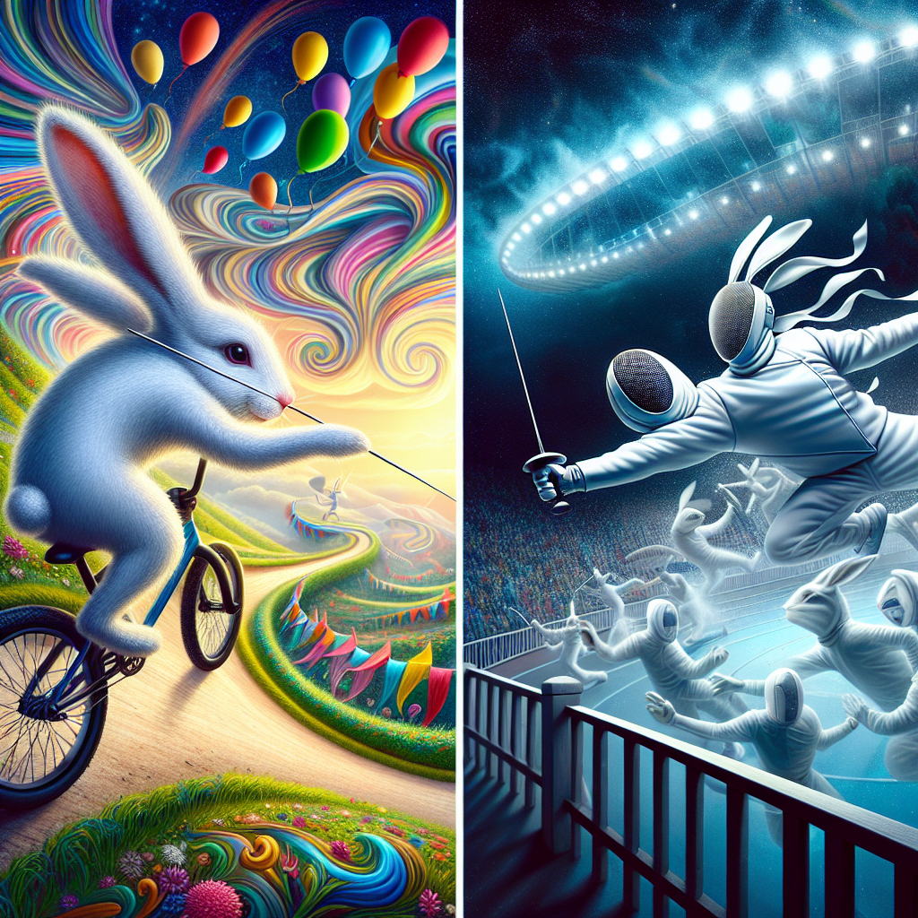 Create a whimsical, birthday-themed surreal illustration. The image should include a white rabbit detailed with a black nose, captured mid-motion, skillfully riding a BMX bike on a winding road that twists through a fantastical sky. The background should swirl with a mix of vibrant, celebratory colors. In contrast, a black rabbit with a white nose is en garde, engaging in a fencing duel against an unidentified opponent. This scene integrates with the backdrop of a dreamlike Olympic Games representation, with imaginative stadiums in the distance and ghostlike cheering crowds, their forms merging smoothly into the convivial ambience.
Generated with these themes: White rabbit with black nose riding a bmx, Black rabbit with white nose fencing, and Olympic Games.
Made with ❤️ by AI.