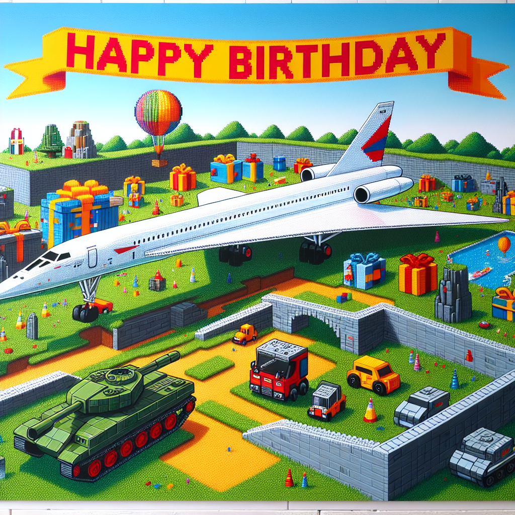 A captivating birthday illustration capturing the joy of childhood. The backdrop is formed from a landscape designed in the style of a universally known video game, characterized by its iconic block-like trees and grass formations. Above this landscape, a historic supersonic passenger airliner, similar to the Concorde, is seen streaming a brightly colored 'Happy Birthday' banner. This joyful scenery is adorned with constructions that resemble playful interlocking brick toys, serving both as gifts and festive decorations. Cartoonish tanks, which look like they could be assembled from children's building blocks, whimsically guard the corners of the festive setting.
Generated with these themes: Minecraft, Concorde, Lego, and Tanks.
Made with ❤️ by AI.