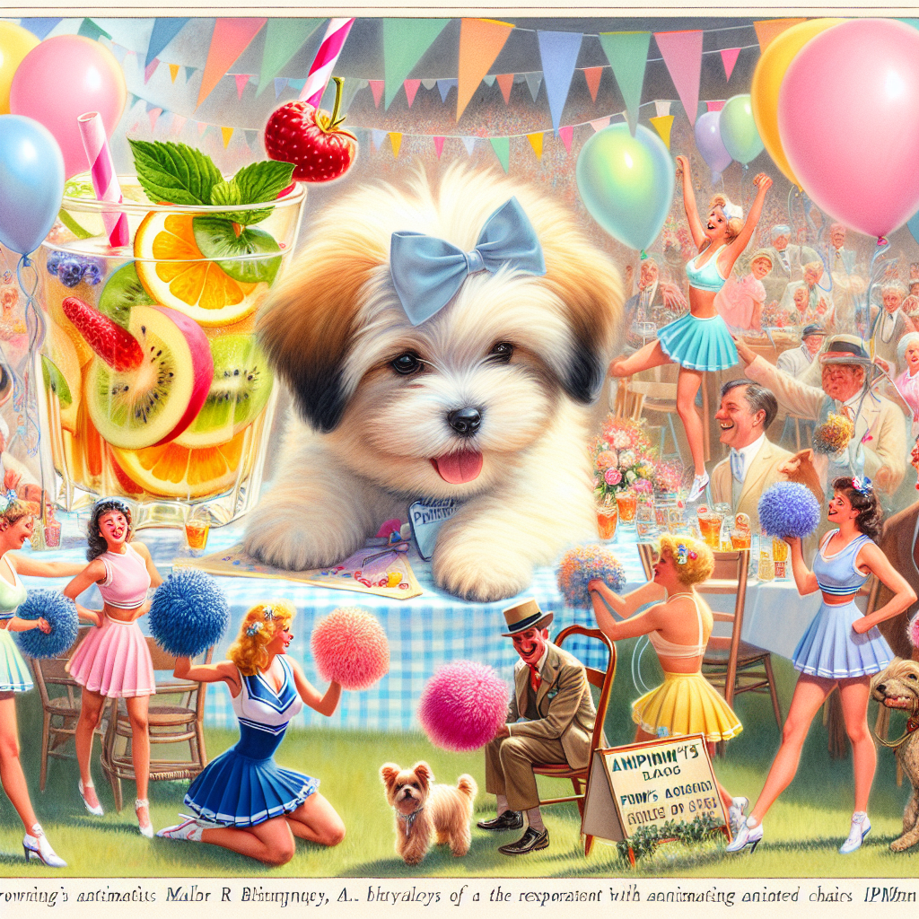An enchanting birthday celebration being enjoyed by a delightful Maltipom puppy, named Aero, residing at the heart of the scene. The event is decorated with pastel-colored balloons and streamers. Nearby, animated cheerleaders of diverse descents and genders, with pom-poms at hand, elevate the joyous ambience. Light-hearted drawings of Pimm's cocktails beautified with fruit slices are also visible. Interspersed across the gathering are depicted diverse figures, engaging in the exploration of a variety of vibrant animated chairs up for sale, introducing a touch of peculiarity to the jubilant festivity.
Generated with these themes: Maltipom puppy called Aero, Cheerleading, Pimms, and Buying chairs.
Made with ❤️ by AI.