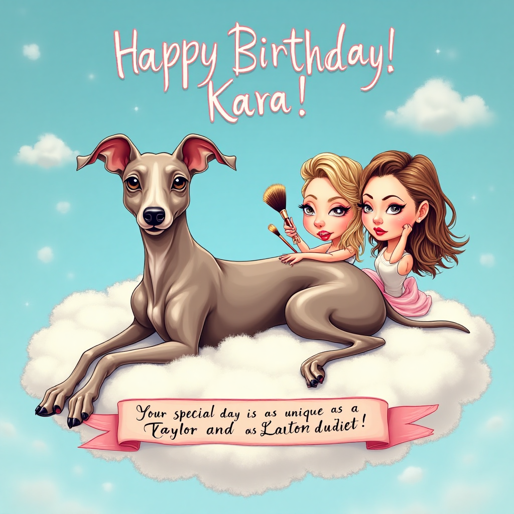 At the top of the Illustration Style image, the text reads: **Happy Birthday Kara**

In the center of the image, an Italian greyhound with a sleek, shiny coat lounges elegantly atop a fluffy cloud. Its large, curious eyes gaze playfully at the viewer. The scene is set against a vibrant blue sky, with soft, swirling clouds that frame the scene. 

On the right, Taylor Swift and Lana Del Rey are depicted in whimsical, caricature-style portraits. They are playfully applying makeup to each other, using oversized brushes and vibrant, pastel colors that add a pop of whimsy to the scene. Taylor's signature red lipstick and Lana's classic eyeliner are humorously exaggerated.

Below the greyhound, a small banner in a playful font reads: "Your special day is as unique as a Taylor and Lana duet!" 

The overall composition is a blend of cute and quirky, with delicate linework and a warm color palette that captures a lighthearted, celebratory mood.
Generated with these themes: Blue, Italian greyhound , Taylor swift , Lana del rey , Makeup , and .
Made with ❤️ by AI.