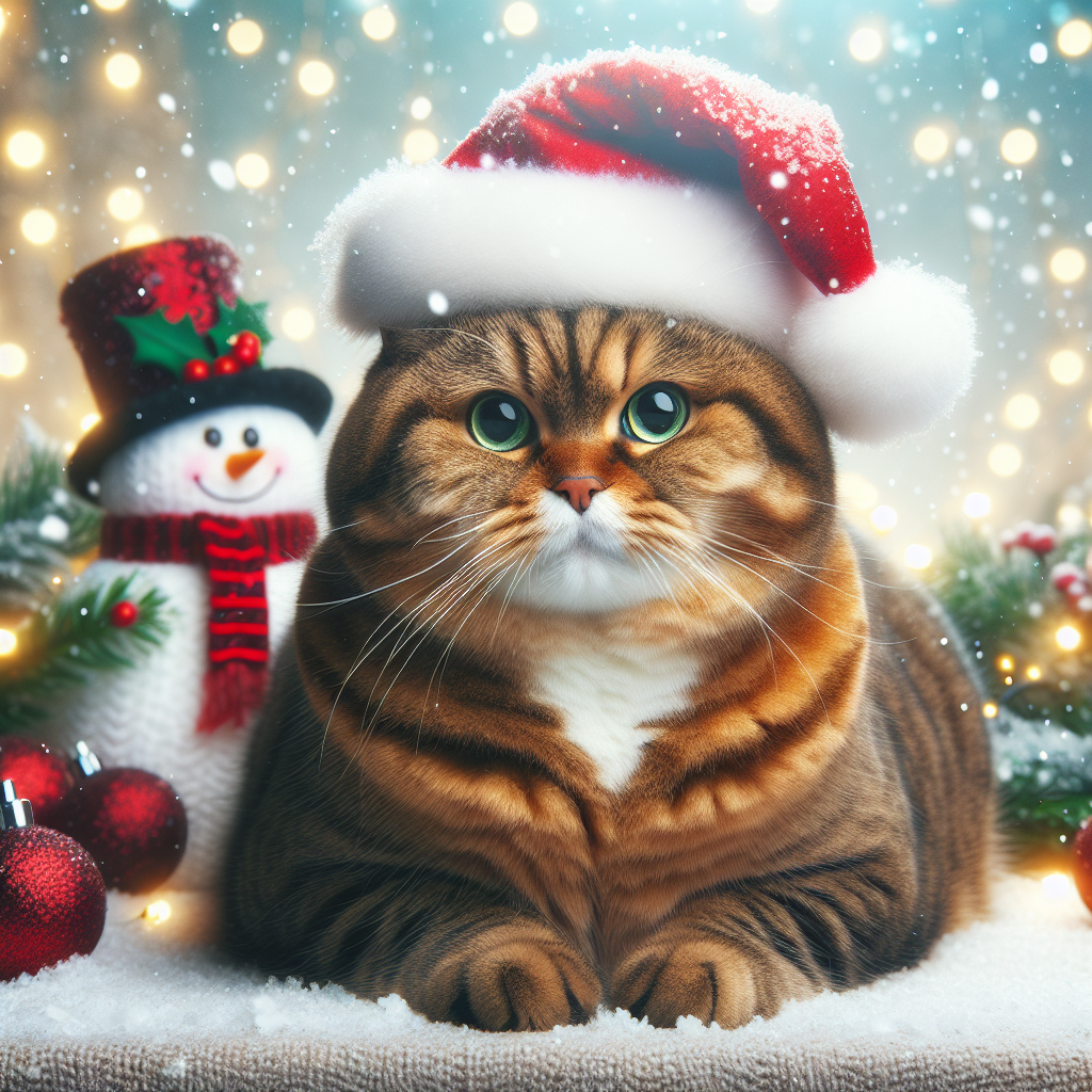 A chubby brown tabby adult Domestic Shorthair cat, with gleaming green eyes, sits cozily amidst a cartoon Christmas scene. Snowflakes gently fall around the fluffy feline who sports a festive red Santa hat, with a jolly snowman and twinkling lights in the background.
.
Made with ❤️ by AI.