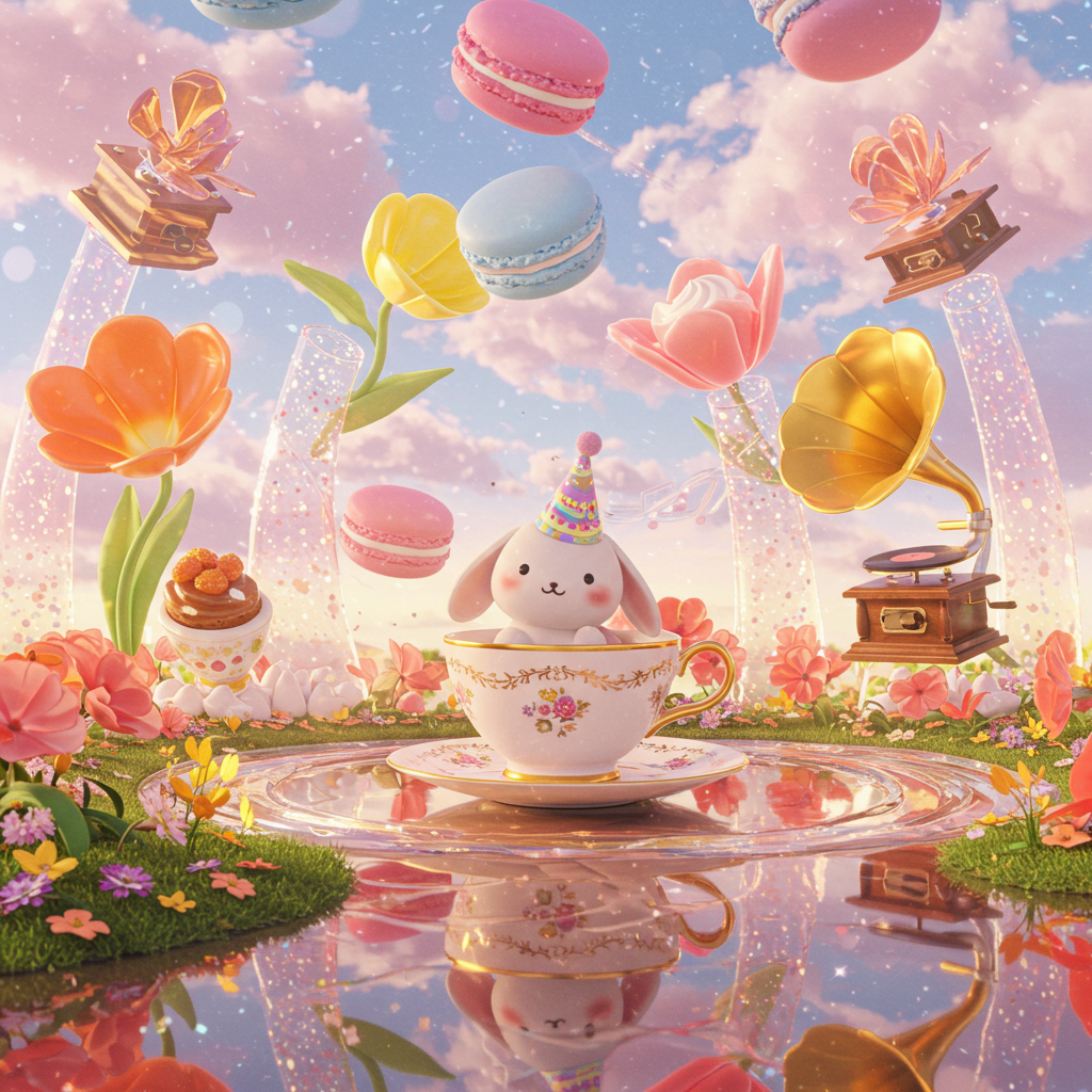 Imagine a vivid and whimsical birthday scene, where the rules of gravity don't apply. Picture an enchanting garden, entirely suspended in mid-air, flipped upside-down in a playful, anti-gravity arrangement. At the heart of this spectacle is a charming ceramic bunny, its exaggerated features brimming with cartoonish charm. It dons a colorful party hat, perched jauntily atop its head, while comfortably seated in an inverted English teacup. This teacup, adorned with delicate floral patterns and gold accents, floats serenely along a spiraling, circular river of syrup that shimmers with every shade of the rainbow.

The sky is a fantastical tapestry of glowing macaron clouds, their pastel hues of pink, blue, and purple softly blending into each other, casting a serene glow over the scene. Rising majestically in the background are towers of crystallized carrot cake, their surfaces sparkling like precious gems. Amongst these towers, tulip-shaped phonographs gently rotate, their vibrant petals in coral orange and fluorescent lemon yellow, spinning rhythmically as they emit silent tunes.

Each object within this scene is highlighted by a translucent halo, giving the entire composition an ethereal, otherworldly glow. The layout follows a spiral radial design, pulling the eye towards the center, where the bunny sits in its teacup. Beneath this dreamscape, a mirror-like reflection doubles the wonder, enhancing the sense of infinite space.

The details are rendered in ultra-high-definition 2.5D, ensuring the texture of every petal, every surface, is exquisitely clear. Soft-focus dreamy textures are achieved with delicate starlight particles scattered throughout the composition, accompanied by dynamic light spots that dance playfully across the scene. This card cover, inspired by the illustrative styles of Charles Schulz, Walt Disney, and others, captures the spirit of whimsy and creativity with a contemporary twist.
Generated with these themes: Ultra-high-definition 2.5D illustrations use an anti-gravity composition design, with the entire garden suspended in the air in an inverted structure. The central focus is a ceramic bunny wearing a party hat, sitting in an upside-down English teacup, which floats in a circular river formed by rainbow-colored syrup. The background is layered with glowing macaron clouds, crystallized carrot cake towers, and rotating tulip phonographs. The colors are mainly pink blue and pink purple, with fluorescent lemon yellow and coral orange, and all objects have translucent halos on the edges. The composition adopts a spiral radial layout, with a mirror reflection at the bottom to enhance the sense of space, and delicate starlight particles and dynamic light spot special effects are added, presenting a soft-focus dreamy texture as a whole. The 8K resolution ensures that the texture of each petal is clearly visible..
Made with ❤️ by AI.