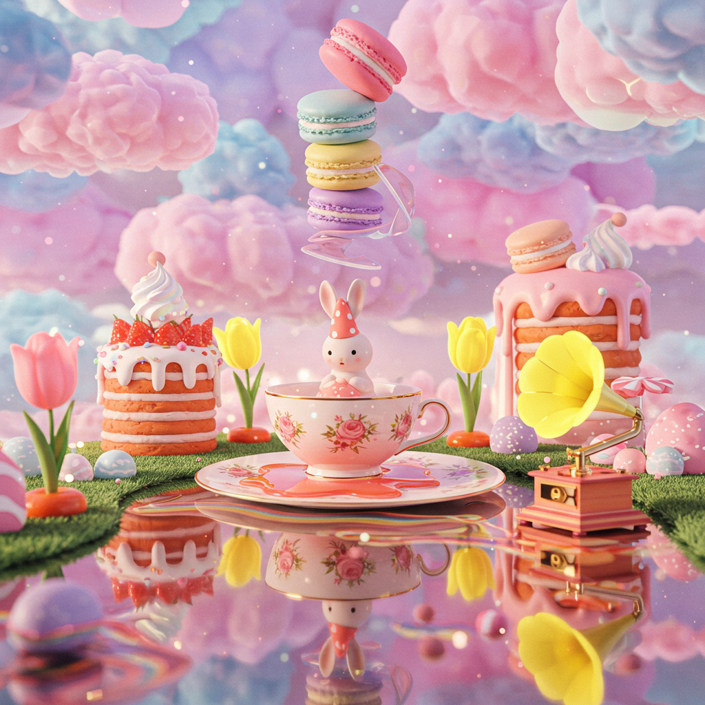 Front and center, the cover showcases an ultra-high-definition 2.5D illustration bursting with vibrant details and whimsical charm. The scene unfolds with an anti-gravity composition, where an entire fantastical garden floats in mid-air, arranged in an inverted structure that captivates the viewer’s eye.

At the heart of this dreamlike world, a ceramic bunny wearing a vibrant coral orange party hat commands attention. This charming bunny is cozily nestled within an upside-down English teacup that seems to defy gravity, floating effortlessly in a circular river of thick, rainbow-colored syrup. The teacup is adorned with delicate floral patterns that mirror the fantastical environment surrounding it.

The background is a feast for the eyes, layered with puffy macaron clouds that emit a soft glow. These clouds are predominantly pink-blue and pink-purple, their ethereal translucency creating an enchanting halo effect around their edges. They seem to float lazily above, casting soft, dappled shadows on the crystalline carrot cake towers that rise majestically like whimsical spires. Each cake tower is intricately detailed, with visible layers of moist cake and rich frosting.

In the midst of this vibrant tableau, tulip phonographs rotate gently, their petals crafted with meticulous detail. These flowers are predominantly fluorescent lemon yellow, their bright hue contrasting beautifully against the more muted tones of the garden. As they spin, they emit dynamic light spots and delicate starlight particles, enhancing the dreamy, soft-focus texture of the entire scene.

The entire composition is designed with a spiral radial layout that draws the eye inward, creating a sense of depth and movement. Below, a mirror reflection mimics the scene, enhancing the illusion of an expansive, limitless space. The reflective surface is polished to perfection, capturing every detail in crystal clarity and further enriching the composition's complexity.

The use of 8K resolution ensures that each element—from the texture of the bunny's ceramic surface to the individual veins on every tulip petal—is rendered with stunning clarity. This ultra-high-definition approach allows for an immersive visual experience, inviting viewers to explore every corner of this fantastical birthday celebration.

Inspiration from the likes of Charles Schulz and Walt Disney can be discerned in the playful, exaggerated features and cartoonish charm, while the intricate detailing and fantastical elements nod to the storytelling prowess of Winsor McCay and the imaginative landscapes of Osamu Tezuka. This card cover is a visual delight, celebrating the whimsy and wonder of a birthday scene suspended in an anti-gravity dreamscape.
Generated with these themes: Ultra-high-definition 2.5D illustrations use an anti-gravity composition design, with the entire garden suspended in the air in an inverted structure. The central focus is a ceramic bunny wearing a party hat, sitting in an upside-down English teacup, which floats in a circular river formed by rainbow-colored syrup. The background is layered with glowing macaron clouds, crystallized carrot cake towers, and rotating tulip phonographs. The colors are mainly pink blue and pink purple, with fluorescent lemon yellow and coral orange, and all objects have translucent halos on the edges. The composition adopts a spiral radial layout, with a mirror reflection at the bottom to enhance the sense of space, and delicate starlight particles and dynamic light spot special effects are added, presenting a soft-focus dreamy texture as a whole. The 8K resolution ensures that the texture of each petal is clearly visible..
Made with ❤️ by AI.