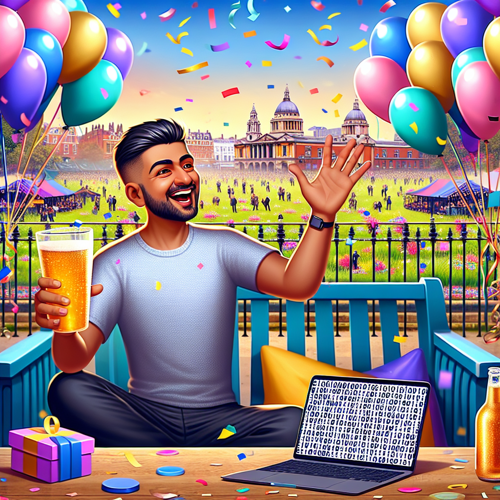 Envision a festive birthday scenario lavished with gleaming pastel balloons and confetti in a whimsical style. In the center of this scene stands a jubilant cartoon-styled Indian man with very short hair, making his 30th birthday a cheerful milestone. He basks in the vibrant ambiance of an iconic Hammersmith park with recognizable local landmarks subtly sitting in the backdrop. He gently clutches a half-filled pint-sized glass of a golden liquid in his hand, a nod towards his preference for manageable sips. A laptop occupies the space next to him, binary code flowing from its screen, a unique testament to his affection for programming, thus framing this charming, personalized celebration.
Generated with these themes: very short hair Indian man, 30th birthday, lives in Hammersmith, likes coding, drinking small pint glass.
Made with ❤️ by AI.
