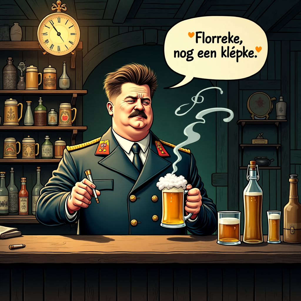 In the dimly lit, eclectic bar known as "Graaf van Egmont," the scene unfolds with a vivid tapestry of eccentricity and whimsy. The central figure is a young man sporting an unmistakable hairstyle that echoes the infamous Adolf Hitler, his locks combed in an unsettlingly familiar fashion. However, his attire is a stark contrast, as he dons the luxurious, military-inspired garb reminiscent of Kim Jong-Un, the North Korean leader. The ensemble is notably oversized, accentuating his corpulent form in a comical and surreal manner. 

He stands alone at the bar, a scene rich in detail reminiscent of a Rockwellian narrative, where every object tells a part of the story. In one hand, he clutches a half-burnt cigarette, a lazy trail of smoke curling upwards towards the low, dark wooden ceiling, swirling in patterns like those in a Beardsley illustration. In the other hand, he holds a frosty mug of beer, the froth threatening to spill over, capturing a moment of indulgent absurdity.

The backdrop of the bar is teeming with elements that could have been plucked from a Sendak or Gorey illustration, each detail enhancing the narrative. Shelves behind him are cluttered with an odd collection of items: dusty, vintage beer mugs, peculiar trinkets, and a tiny model of a Zeppelin, perhaps a nod to some forgotten era. A bar clock, its hands frozen at a quirky time, adds a touch of enchantment and whimsy.

He stands, yet appears to be on the brink of slumber, his eyelids drooping, casting a shadow over his face that mingles with the ambient light, as if a Rackham shadow creature might be lurking just out of view. Above him, a text balloon emerges, reminiscent of a comic strip styled by Quentin Blake, wherein he exclaims, "Florreke, nog een klepke," a line capturing the surreal blend of cultures and identities.

The scene is dotted with patrons engaged in their own narratives—an old man reading a newspaper with illustrations spilling from the pages in a Beatrix Potter fashion, and a woman knitting something indistinct but fantastical under the low glow of an antique lamp, its design echoing the dreamy vibrance of a Parrish painting.

Together, these details weave a rich tapestry of narrative and visual intrigue, offering a playground for the imagination and a deeply layered canvas ready for illustration.
Generated with these themes: A young man with a hair dress as Adolf Hitler as central figure. He is clothed as Kim Jong-Un of North Korea and is corupulent., He is standing alone and is smoking a cigarette and drinks a beer., He is sleeping at the bar called "Graaf van Egmont". , and He says "Florreke, nog een klepke" in a text balloon..
Made with ❤️ by AI.
