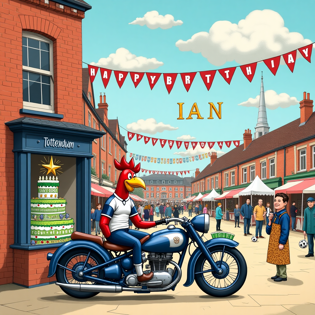In this whimsical birthday card illustration, we find ourselves in the heart of Tottenham, amidst a vibrant street fair filled with color and quirky elements. Dominating the foreground is an old-fashioned, yet gleaming, motorbike with sidecar, painted in classic Tottenham blue and white, featuring a large emblem of a cockerel perched proudly on the front. The motorbike is parked next to a quaint, red-bricked bakery, whose window displays an oversized birthday cake decorated with layers of football pitch green icing and tiny edible motorbike figures. Perched on top of the cake, amidst sparklers and sugary stars, is a fondant replica of Ian, dressed in a Tottenham jersey, joyfully holding up a miniature motorbike tire as if it were a trophy. 

Behind the scene, the bustling street fair is alive with stalls and colorful bunting, each flag spelling out "H-A-P-P-Y B-I-R-T-H-D-A-Y I-A-N" in bold letters, fluttering above the crowd. A sky filled with cartoon-like clouds shaped like footballs drifts above, with one particularly large cloud spelling "IAN" as if sketched by a playful wind. Among the lively market-goers, a jolly figure resembling a cross between Beatrix Potter’s charming animals and Quentin Blake’s whimsical characters, is selling balloon animals shaped like tiny cockerels and motorbikes, adding to the carnival-like atmosphere. In the background, the iconic spire of Tottenham's stadium peeks above the rooftops, tying the scene together with a sense of local pride. Every element in this scene combines to create a lively narrative that celebrates both Ian’s birthday and his love for Tottenham and motorbikes.
Generated with these themes: Tottenham, and Motorbike.
Made with ❤️ by AI.