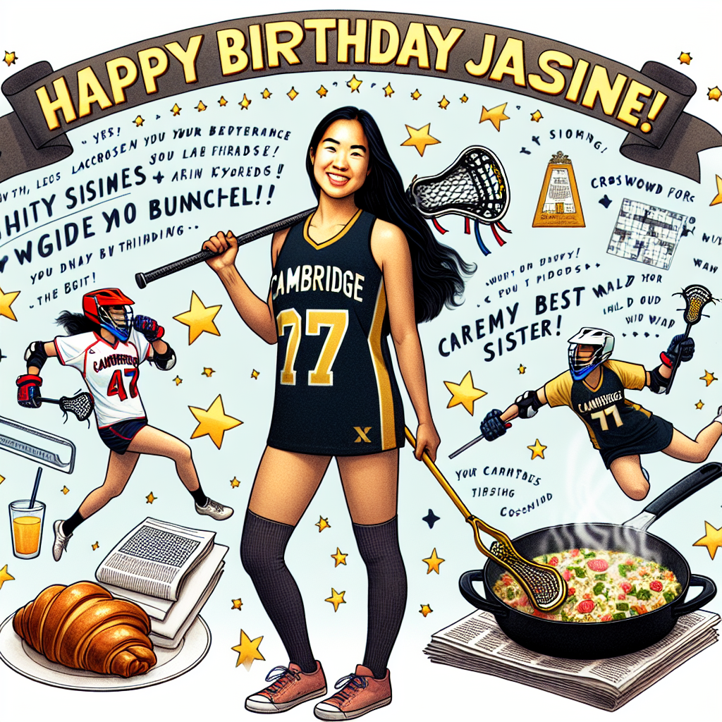 Happy Birthday Jasmine!, Lacrosse, Sport Captain, Cambridge, Cooking brunch, Newspaper puzzles, Best sister, and Sporty Birthday Card