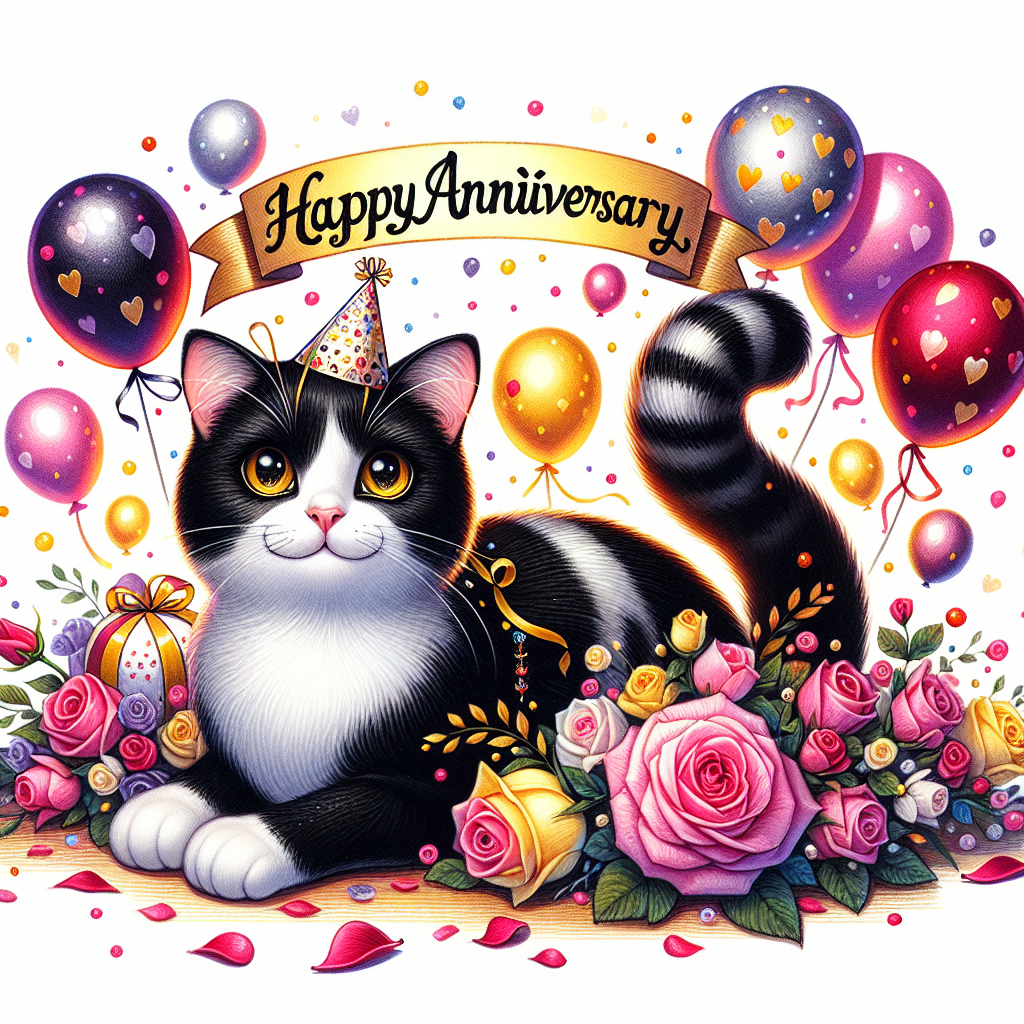 Illustrate a whimsical cartoon that centers around a jubilant anniversary celebration. The main character of this narrative is an adult domestic shorthair cat that possesses a refined black and white coat and captivating yellow eyes. The cat is found in a relaxed position surrounded by a burst of vibrant balloons and scattered rose petals, with an endearing small party hat adorning its head. A charming banner extends above, scripted with the words 'Happy Anniversary', with a unique touch added by the cat's tail whimsically shaping the heart in 'Happy'.
.
Made with ❤️ by AI.