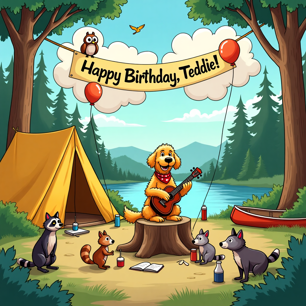 Dobby the golden doodle, Camp, and Birthday Card