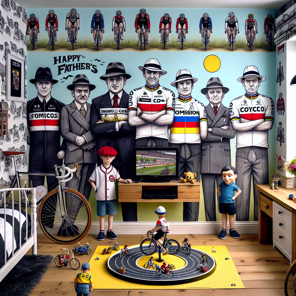 Illustrate a child's bedroom with wallpaper adorned with pivotal moments from Tour de France. The room is decorated with cycling jerseys, each designed with its own unique mobster-themed style, reminiscent of characters from a critically acclaimed 90s TV drama about organized crime. A 'Happy Father's Day' banner hangs prominently across the width of the room. Dominating the room's center is a whimsical model race track that circles a toy bicycle. Miniature figures spectate the race, their outfits strongly hinting at characters from the same 90s crime drama. The desk in the room hosts a drawing of a family of anthropomorphized bicycles enjoying the Tour de France on television. One of these 'parent' bicycles sports a fedora, a notable staple of mobster fashion.
Generated with these themes: The Sopranos, and Tour de France .
Made with ❤️ by AI.