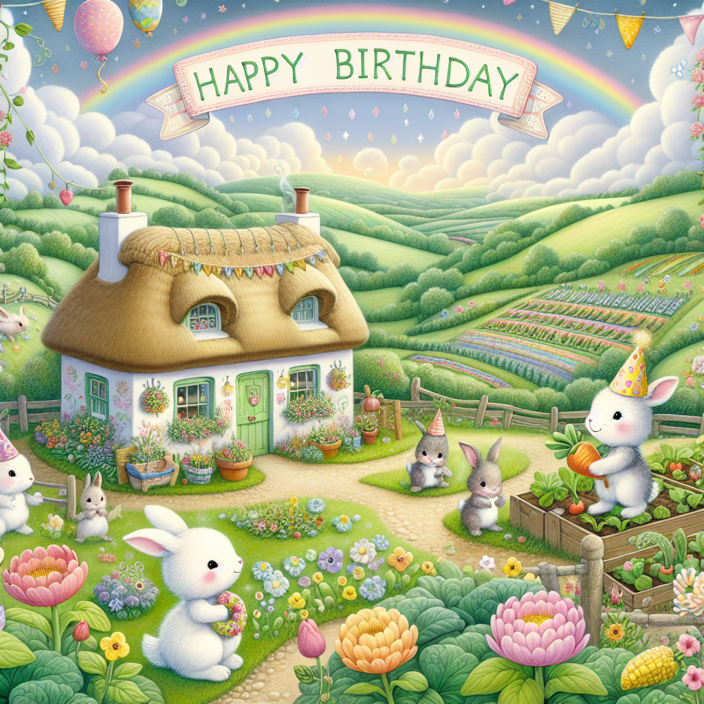 A playful celebratory scene set in the undulating emerald meadows of Ireland. Adorable animated creatures sport garden hats and are encircled by lively flowers and vegetable patches. In the heart of this scene, a quaint illustrated cottage featuring a thatched roof is decorated with bright birthday decorations and a banner proudly declaring 'Happy Birthday!' The heavens above are depicted in tender pastel shades with a rainbow beautifully curving over the animals, further enhancing the joyous ambiance.
Generated with these themes: Ireland, and Gardening.
Made with ❤️ by AI.