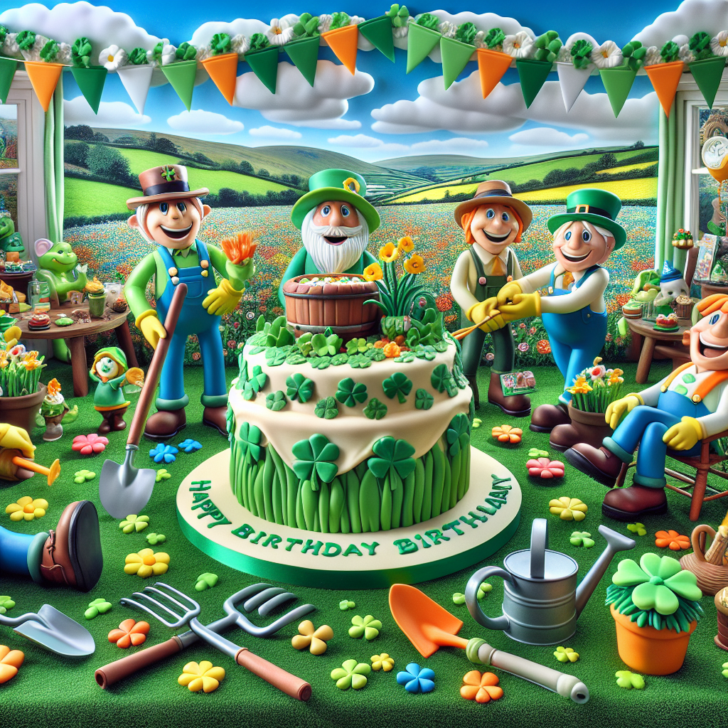 Depict an idyllic, pastoral birthday setting in Ireland, embodying a joyful, garden-themed birthday festivity. The scene incorporates cheerful, non-human cartoon characters actively engaging in gardening activities on a field of vibrant green grass, interspersed with blooming shamrock plants. The array of charming gardening tools implies their active contribution to the cultivation of flowers. Dominating the party scene is a creatively molded cake, akin to a pot of gold, strategically placed beneath an Irish flag. The atmosphere of the scene exhales an uplifting sense of shared joy and camaraderie amidst the open celebration of a garden-themed birthday.
Generated with these themes: Ireland, and Gardening.
Made with ❤️ by AI.