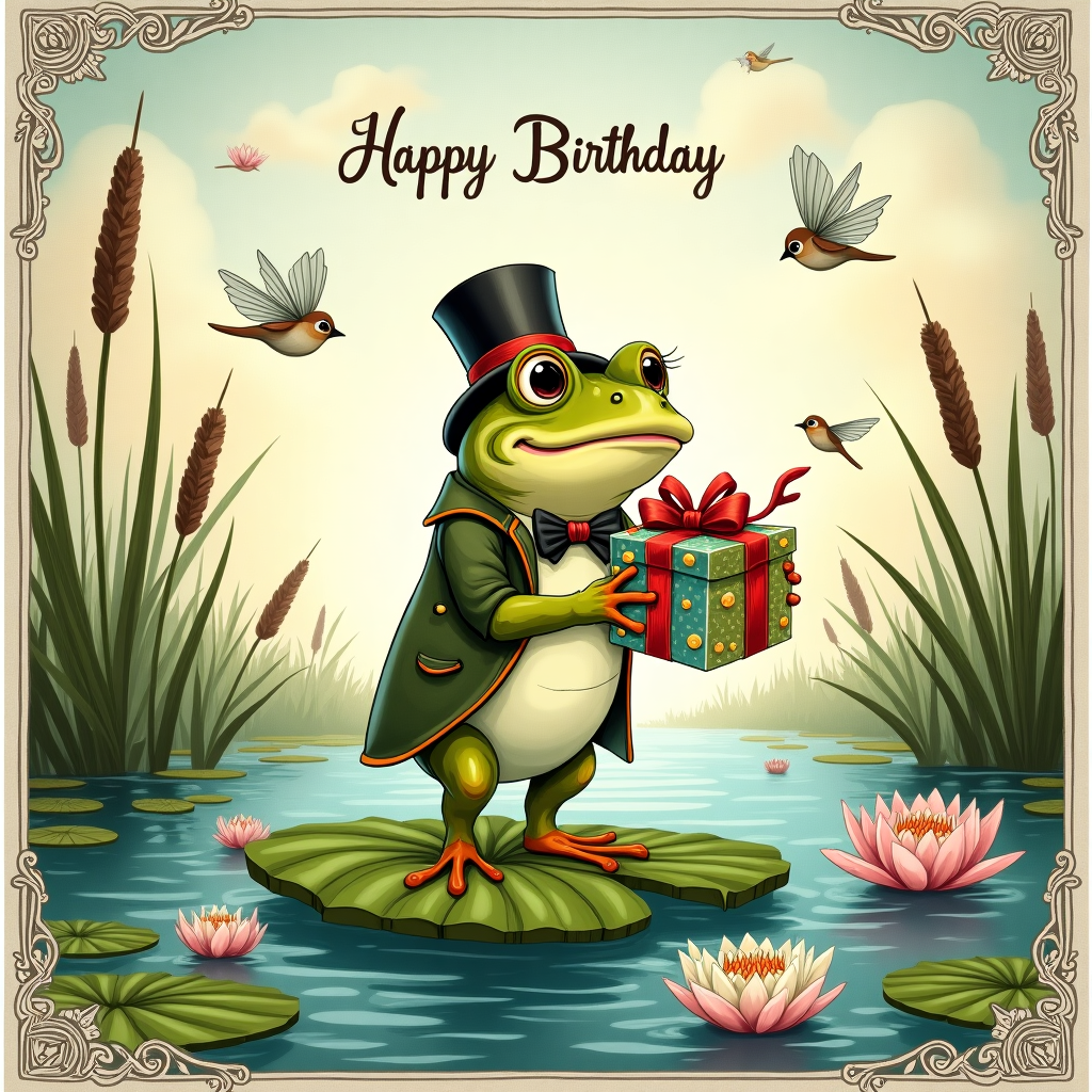 **Front Cover Description:**

**Main Scene:** At the center of the illustration, place an animated, anthropomorphic frog standing atop a whimsical lily pad. The frog is dressed in a charming Victorian-style outfit, inspired by Beatrix Potter's characters, with a small top hat perched jauntily on its head and a bow tie snugly tied around its neck. The frog is holding a colorful, wrapped birthday present in its outstretched hands, adorned with a vibrant red ribbon and bow.

**Background Elements:** The scene is set in an enchanting pond under the gentle light of a late afternoon sun, much like the detailed works of Arthur Rackham. Tall cattails and lush reeds frame the edges of the card, with delicate dragonflies flitting around, their wings glinting in the light. Floating nearby, small clusters of water lilies bloom in hues of soft pinks and whites, their reflections shimmering in the pond's serene surface.

**Color Palette:** The color scheme should take inspiration from Maxfield Parrish’s palette, using rich blues and purples in the background sky, fading into softer pastel hues as it meets the water. The frog’s outfit should incorporate earthy greens and browns, with pops of vibrant colors in the present and accessories.

**Details and Accents:** In the spirit of Edward Gorey, include intricate line work to accentuate the textures of the frog’s outfit, the veins of the lily pads, and the delicate wings of the dragonflies. A few small birds in the background, possibly sparrows or finches, add a touch of animation, captured in mid-flight above the pond.

**Border and Typography:** A subtle, ornate border inspired by Aubrey Beardsley frames the illustration, with flowing lines and delicate motifs of lilies and dragonflies interwoven. The title "Happy Birthday" is elegantly inscribed at the top in a playful, yet classic typeface reminiscent of Quentin Blake’s hand-lettering style.

This card cover combines the detailed illustration style of classic artists with whimsical, storybook elements, capturing a birthday scene full of charming, nature-inspired details.
Generated with these themes: Frog.
Made with ❤️ by AI.