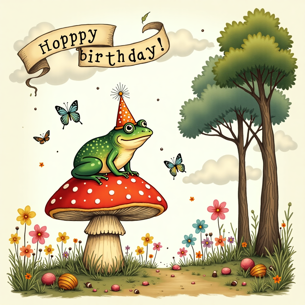 In the foreground of the card, a whimsical, hand-drawn frog sits proudly atop a giant mushroom. The frog is detailed with an expressive, slightly exaggerated smile, adding a touch of character and personality. It wears a tiny, pointed birthday hat adorned with colorful polka dots—red, yellow, and blue—reflecting a classic party theme.

The mushroom, drawn with delicate lines and shading reminiscent of Arthur Rackham's style, has a thick, textured stem in muted beige and cream tones. Its cap is a vibrant red with white spots, similar to a classic fly agaric mushroom, providing a playful and eye-catching element.

Surrounding the frog are a series of small, delicate flowers inspired by Beatrix Potter's work, with pastel pinks, yellows, and purples scattered about, each detailed with tiny leaves and petals. A few butterflies, with intricate patterns on their wings, flutter around the scene, adding movement. Their wings are in shades of blue and orange, creating a harmonious contrast with the flowers.

In the background, lush, hand-drawn trees with intricately detailed bark and leaves form a gentle arc, framing the scene. The leaves are a mix of greens, from deep emerald to light olive, drawn with the meticulous detail of Gustave Doré's etchings. The forest floor is dotted with scattered leaves and a few fallen acorns, providing a touch of texture and depth.

In the sky above, wispy clouds, drawn in a style reminiscent of Maxfield Parrish's dreamy skyscapes, float lazily by, painted in soft hues of white and light grey against a pale blue sky. In the top left corner of the card, a stylized, vintage-inspired banner—perhaps influenced by Aubrey Beardsley—curls elegantly, holding the words "Hoppy Birthday!" in a playful, handwritten font.

Overall, the scene is a richly detailed and charming tableau, combining elements from various artistic styles to create a unique and endearing birthday greeting card cover.
Generated with these themes: Frog.
Made with ❤️ by AI.