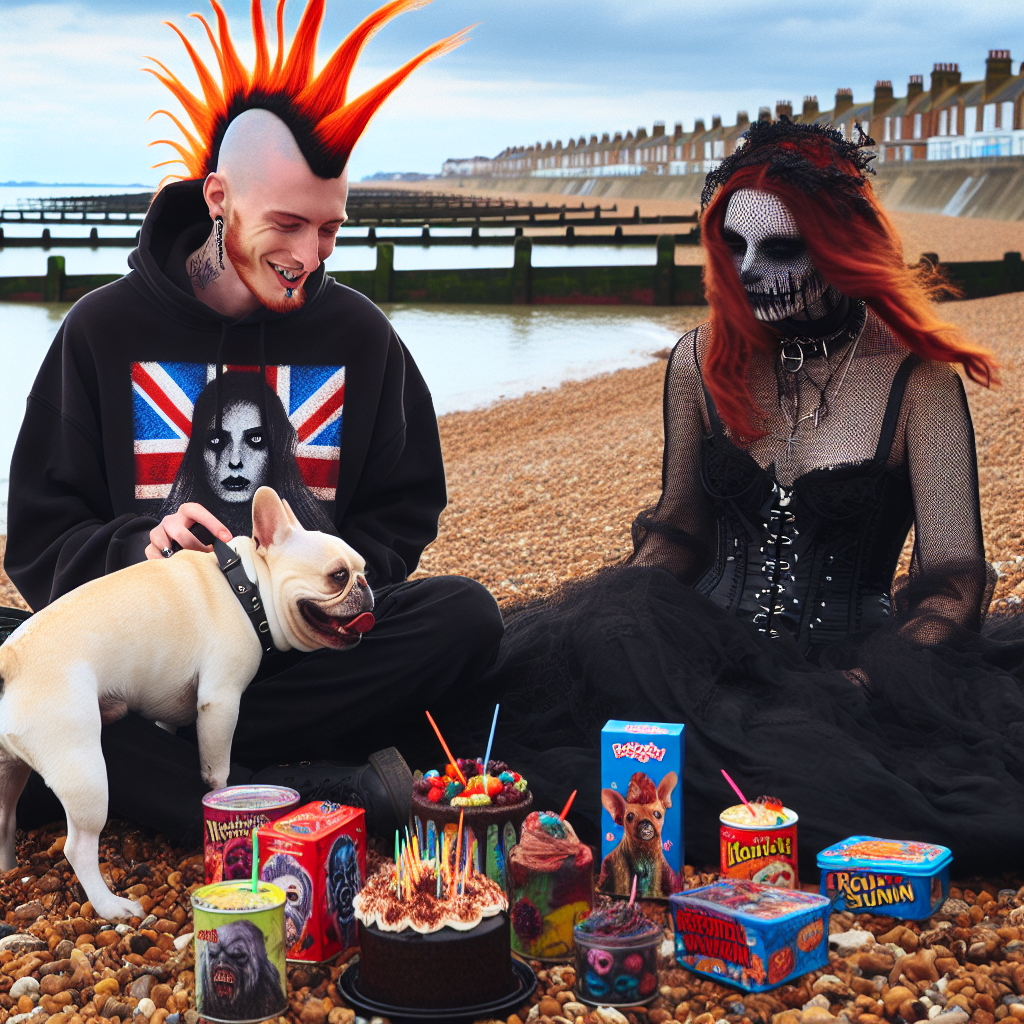 French bulldog called charlie, Horror movies, Whitstable seaside, Weird Birthday Desserts, 9th august 1989, Tall skinny ginger man with a mohawk in a rammstein hoodie, and Pretty goth girl with long brown hair with red streaks amd colourful eye makeup Birthday Card