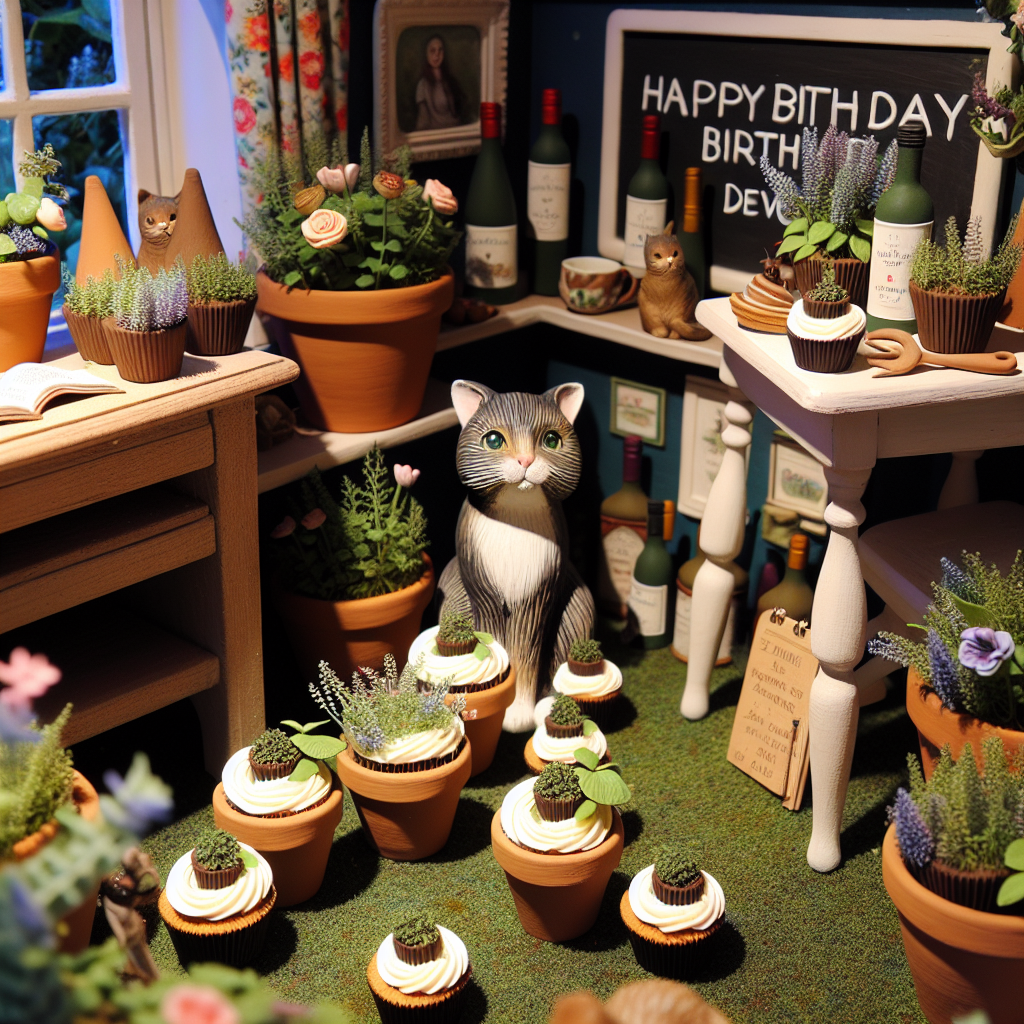Picture a cozy birthday setting filled with the ambiance of true-to-life elements. The area is adorned with pot-grown herbs and blooming flowers, symbolizing the love for gardening. Cat statuettes sneak a peak from behind terracotta pots, introducing a playful element to the environment. A tastefully arranged wine tasting station showcases top-class wines from Devon, attracting the wine lovers. Tucked away in a snug corner, a small-scale representation of a classroom with prominent works of classic literature and cupcakes shaped like chalkboards celebrates the esteemable occupation of education.
Generated with these themes: Gardening, Cats, Teaching, Wine, and Devon.
Made with ❤️ by AI.