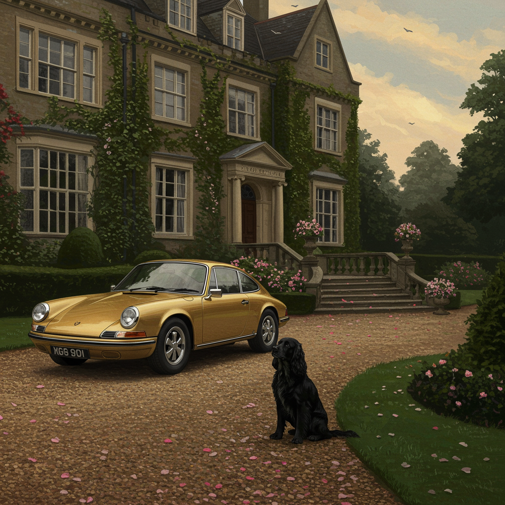 Gold Porsche 912, Pure black spaniel , Stately home , and No text Wedding Card