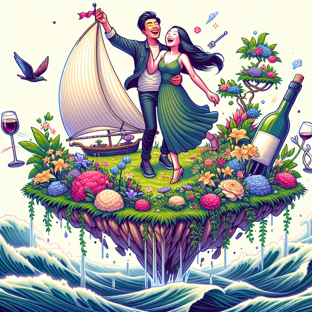 Create an illustration that shows an Asian male and a Black female couple, joyfully laughing together while gardening on a tiny floating island equipped with a sail. The island, rocking gently against unseen waves, is lush with radiant flowers and plants. They share a sweet dance, their bodies swaying in tune to an unheard tune. Amidst the vibrant flora, an open bottle of wine and two glasses can also be seen, prepared for a joyous toast, all set in an anniversary-themed atmosphere.
Generated with these themes: Sailing, Dancing , Gardening, and Wine .
Made with ❤️ by AI.