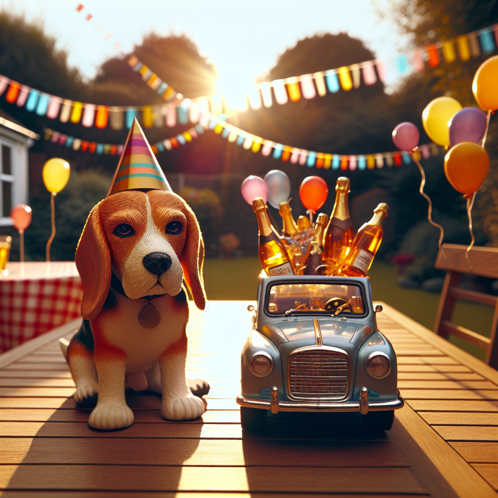 Illustrate a lighthearted backyard gathering, bathed in the golden hues of the setting sun. The air is filled with multicolored streamers and balloons, exuding a cozy, homely vibe. A charming, realistic Beagle obediently sits in the middle, its face partially hidden behind a festive party hat. Positioned alongside is a toy car, not more than a showpiece, yet meticulously designed to seem impeccably lifelike. This car sports a trunk that appears to burst with ice cubes and miniature champagne bottles, awaiting the commencement of a toast, hence appropriately blending a tone of sophisticated celebration with an undeniable dash of whimsy.
Generated with these themes: Beagle , Car , and Champagne .
Made with ❤️ by AI.