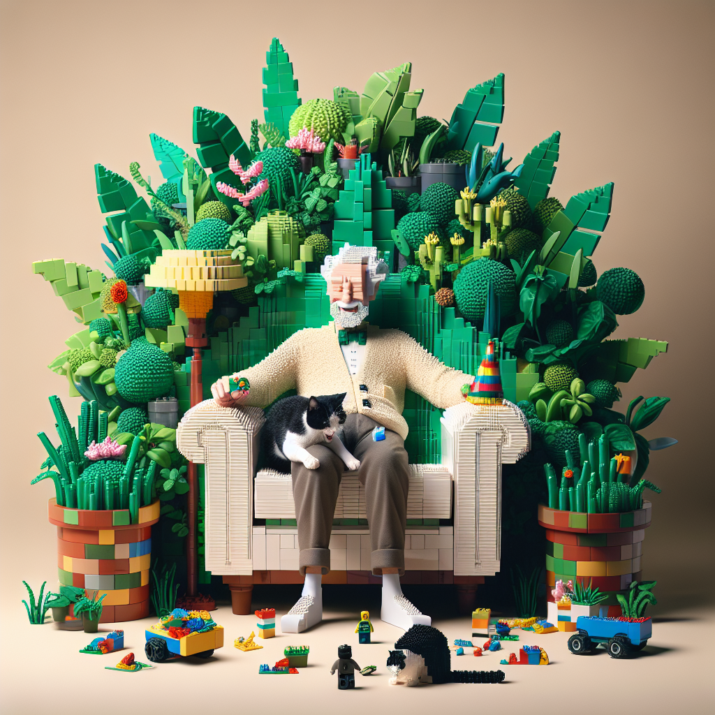 Create a whimsical image showcasing a birthday celebration. The key feature is an elderly man, of a Caucasian descent, with a cheerful demeanor sitting comfortably in an armchair. This armchair is enveloped by a thriving overgrowth of lush green plants. On the man's lap, a black and white tuxedo cat is resting with a playful twinkle in its eye as it playfully paws at a colorful lego piece. The floor around the armchair is scattered with lego constructions, cleverly designed to mimic the appearance of plant pots. These sculptural lego pot designs fuse the elderly man's dual passion for gardening and building with legos.
Generated with these themes: Grandad, Plants, Tuxedo Cat, and Lego.
Made with ❤️ by AI.
