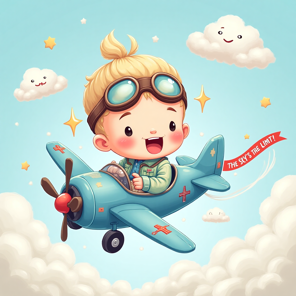 At the top of the Cartoon Style image, the text reads: **Top Baby, US Air Force**

Imagine a whimsical cartoon scene bursting with colors: a rosy-cheeked baby girl with oversized aviator goggles resting atop her fluffy hair, sitting in a tiny, pastel-blue biplane adorned with adorable little stars and clouds. The baby wears a cute flight suit with patches of fluffy clouds and tiny airplanes. Her expression is of pure joy and adventure, with little puffs of air trailing behind her as if she's soaring through the sky. Below, fluffy cartoon clouds with friendly faces cheer her on, while a tiny cartoon banner trails from the plane's tail with the cheeky text: “The Sky's the Limit!” The overall vibe is playful and celebratory, perfect for welcoming a future aviator into the world.
Generated with these themes:  baby girl Future aviator flyer , and .
Made with ❤️ by AI.