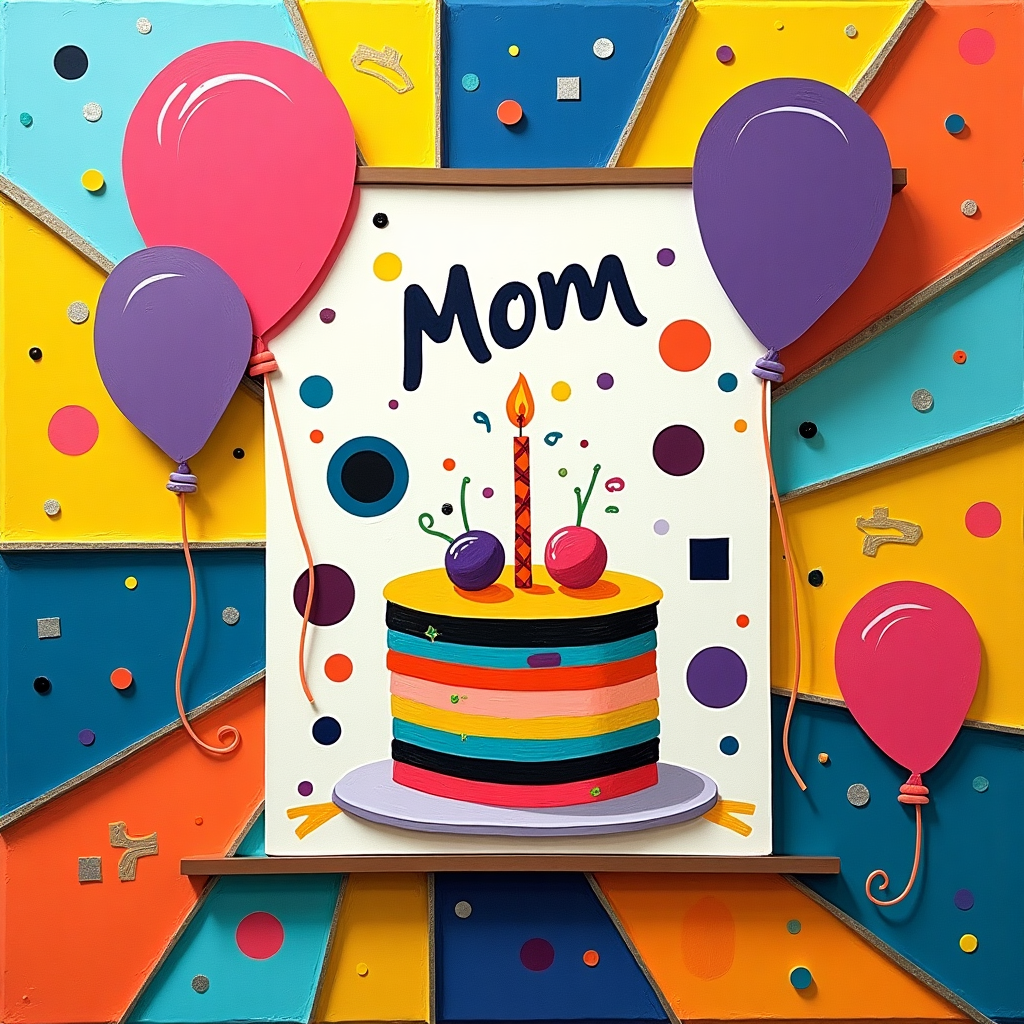 **Front Cover Design Description:**

Imagine a vibrant explosion of abstract art celebrating a birthday theme with a cheeky twist! Here's a breakdown of the visual elements:

1. **Background & Composition:**
   - The background features a lively, geometric grid reminiscent of Piet Mondrian, but with more playful color combinations: sunshine yellow, sky blue, tangerine orange, and bubblegum pink squares, rectangles, and lines that zig-zag across the canvas.

2. **Central Abstract Elements:**
   - The heart of the composition is an abstract cake, depicted with layered shapes that defy gravity. Each "layer" is a splash of colors and forms, a nod to Jackson Pollock's energetic splatters, incorporating dabs of deep magenta, teal, and gold.
   - Scattered around the "cake" are abstract bums, cleverly stylized with round and curvaceous forms. These are in a smooth, de Kooning-like style with bold strokes of lavender and coral, subtly nestled among the other elements.

3. **Balloons & Banners:**
   - Floating above, a cascade of balloon-like shapes appears, made up of Kandinsky-inspired circles and swirls in electric purple and sea green, creating movement and drawing the eye upward.
   - A whimsical banner waves across the top of the card, painted with a minimalist, Miro-esque touch. It features the word "Mom" boldly in the center, inscribed in a playful yet elegant script in a rich cobalt blue.

4. **Additional Elements:**
   - Interspersed among the elements are delicate, Rothko-inspired rectangles, offering balance with shades of translucent grey and pastel hues.
   - Random splatters of silver paint mimic confetti, celebrating the joyous occasion.

5. **Overall Feel:**
   - The arrangement and layering of forms and colors create a dynamic and intriguing visual narrative, harmoniously clashing like a joyful celebration of abstract art.

This design promises a unique, eye-catching card that playfully combines elements of fine art with the fun and festivity of a birthday party, all wrapped up in an abstract homage to "Mom."
Generated with these themes: Bums.
Made with ❤️ by AI.