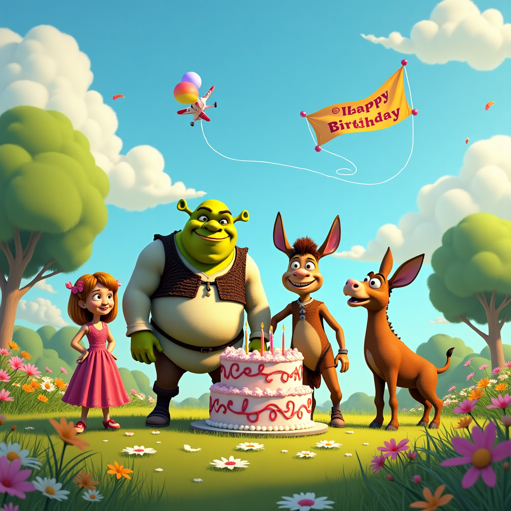 The scene is set in a whimsical, vibrant meadow reminiscent of the idyllic landscape often found in animated fairy tales. Shrek and Fiona stand center stage, both rendered with exaggerated, cartoonish features that playfully nod to Charles Schulz's and Walt Disney’s styles. Shrek has a comically oversized nose and ears, while Fiona’s eyes are exaggeratedly large, sparkling with cartoon vibrancy. 

To their right, Donkey, illustrated with a dash of Bill Watterson’s charm, stands on his hind legs, his wide, expressive mouth open in a braying laugh. His coat is a patchwork of warm browns and greys, outlined in thick, black lines to emphasize his playful, cartoon nature.

On Shrek’s other side, the Gingerbread Man is depicted with R. Crumb-like whimsy, flaunting exaggerated icing features and huge, googly candy eyes, as if popping out of a children’s storybook. He's holding a colorful balloon, its string twisted around his tiny hand.

Nearby, Pinocchio joins the merry assembly, rendered with a touch of Hergé’s clear-line style. His nose is amusingly long, indicating a recent fib, while his wooden joints are marked with circular engravings for an extra cartoon feel. His bright red and yellow outfit stands out, the colors vividly saturated.

The background is a kaleidoscope of colors with oversized flowers and trees stretching into the sky, reminiscent of Winsor McCay's fantastical landscapes. The sky itself is a brilliant blue, speckled with puffy white clouds. Among these clouds, a plane trails a sky banner that reads "Logan❤️" in bold, cheerful letters, capturing the eye as it swoops across the scene.

The foreground features a large, exaggerated birthday cake, decorated with swirling, colorful frosting and topped with candles that sparkle as if lifted from a classic Walt Disney animation. The cake sits on a grassy hillock, its icing seemingly defying gravity with its swirls and peaks.

All characters stand in a loose semicircle, surrounded by vibrant, detailed wildflowers that nod to the dense detail found in Art Spiegelman’s illustrations. This playful composition brings together beloved characters in a lively birthday celebration, bursting with color and charm.
Generated with these themes: Shrek with Fiona and donkey and ginger bread man and Pinocchio .
Made with ❤️ by AI.