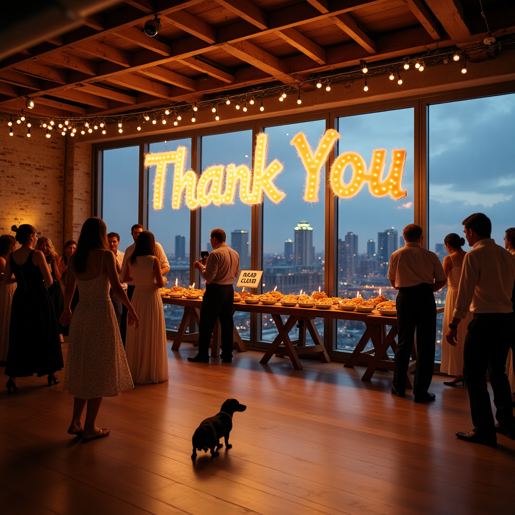 In a spacious and elegant indoor reception room adorned with rustic wooden beams, a diverse crowd is energetically dancing on a gleaming wooden dance floor. The room is subtly lit with vintage string lights draping from the ceiling, casting a warm, festive glow over the joyous dancers. To one side of the room, a curious brown dachshund sits attentively, its nose twitching towards the enticing scent of huge, skinny oval white ceramic platters heaped with golden-brown fried shrimp, strategically placed on a long buffet table crafted from reclaimed barn wood. 

In the background, an unexpected element adds a quirky twist to the scene—a "Road Closed" sign, humorously propped against the wall, as if it was a forgotten prop from a previous event. Through the grand windows of the reception room, the iconic New York skyline is visible, its skyscrapers silhouetted against the twilight sky. Above this captivating view, the clouds have been creatively shaped to spell out "Thank You" in bold, fluffy letters, seamlessly integrating the recipient's name into the heart of the scene. This clever cloud display captures the essence of gratitude in a whimsical and unexpected manner, making it a truly unique thank-you greeting card.
Generated with these themes: Road closed sign, Diverse crowd dancing on wooden dance floor, Huge skinny oval white ceramic platters of fried shrimp, New York Skyline, Indoor rustic but elegant wooden reception room , and Brown dachshund.
Made with ❤️ by AI.