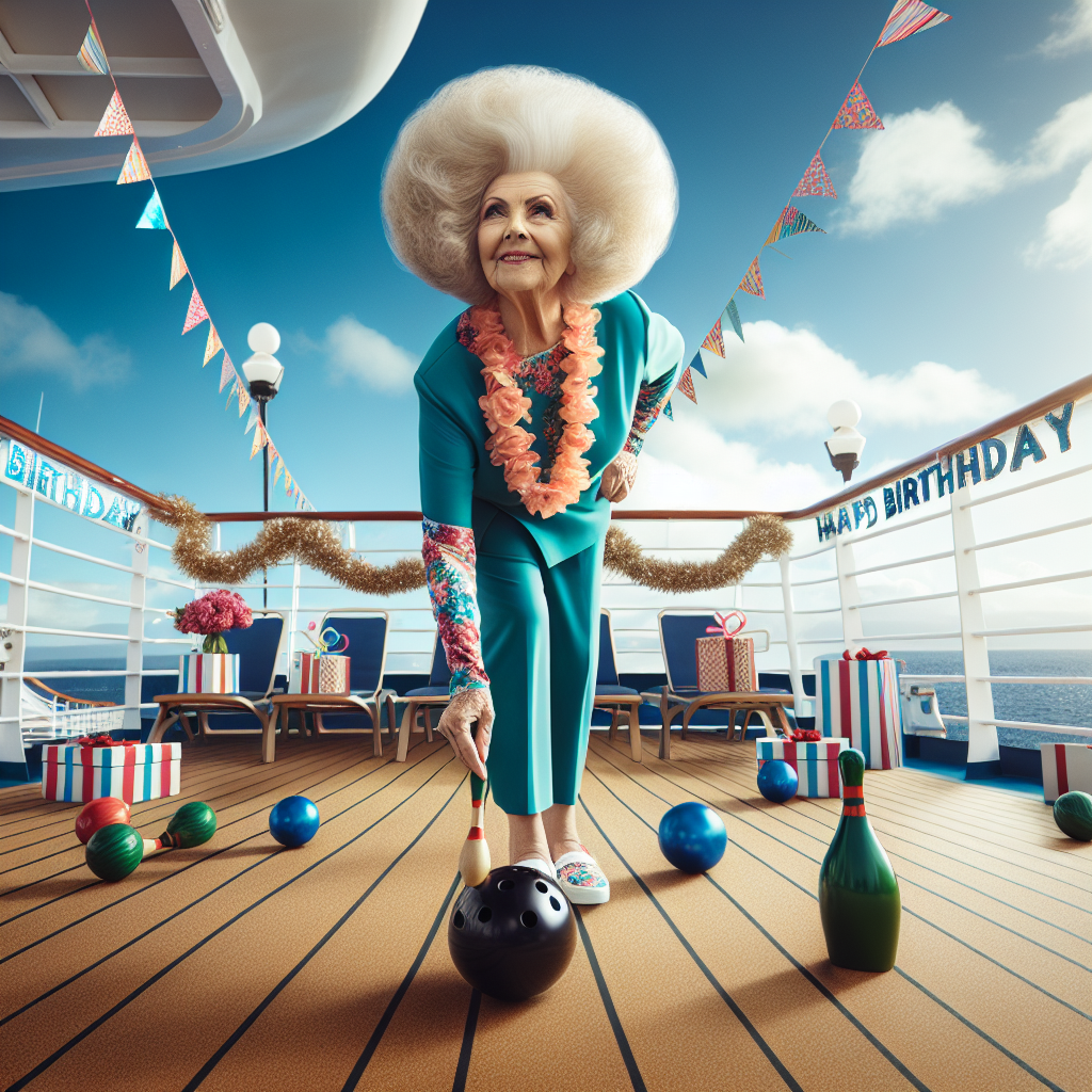 Create a vivid, cheerful image of an elderly birthday celebration scene set on a cruise ship deck under a clear and cloudless blue sky. The lady of honor, an 82-year-old Caucasian lady with round, voluminous hair, is the center of this joyful scene. She's confidently engaging in a game of lawn bowls, wearing lively party attire that makes her stand out. The ship's railings are magnificently decorated with festive birthday decorations, adding to the liveliness of the occasion.
Generated with these themes: old lady (82) with puffy round hair, on a cruise playing lawn bowls.
Made with ❤️ by AI.