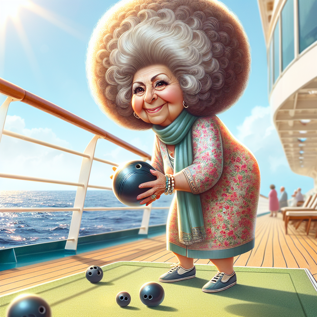 Generate a charming birthday-themed illustration representing the celebration of an 82-year-old Middle-Eastern lady's special day. She sports her bouncy, round hair and carries an air of spirited charm. This picture sets on the sunny deck of a luxury cruise ship. She's engrossed in a festive game of lawn bowls, with the rolling sea in the background lending a sense of adventure to her birthday festivities.
Generated with these themes: old lady (82) with puffy round hair, on a cruise playing lawn bowls.
Made with ❤️ by AI.
