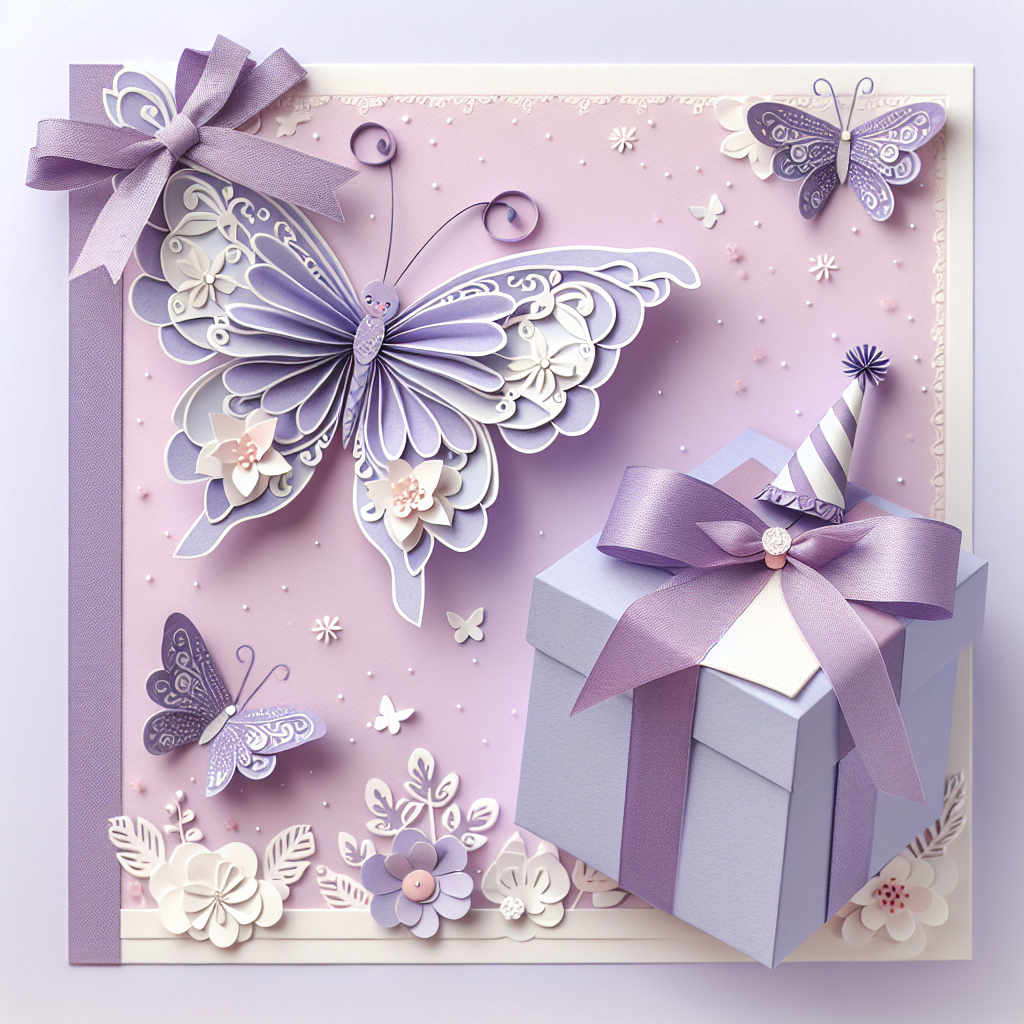 Craft a quaint scene depicting a birthday celebration, with a handcrafted purple butterfly embodying perfectly structured paper wings as the paramount detail. This butterfly is playfully fluttering above a beautifully wrapped gift box that is decorated with an elegant bow. The backdrop is a composition of gentle, light purple shades that enrich the celebratory mood. For added charm, sprinkle in the delicate patterns of floral designs and miniature birthday hats on the butterflies. The illustration should ideally have soft edges, calling to mind a dreamy, handmade aura.
Generated with these themes: Purple butterfly crafty.
Made with ❤️ by AI.