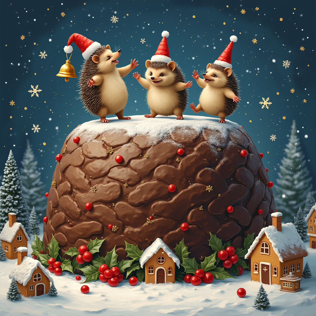 In this whimsically imaginative birthday greeting card cover, envision a circular, oversized Christmas pudding taking center stage as a jubilant dance floor. The pudding, lavishly draped in a rich, glossy chocolate glaze, is studded with vibrant red cherries and clusters of holly leaves, their spiky edges artfully framing the scene. Atop this grand festive dessert, a troupe of cheerful hedgehogs pirouette with gleeful abandon, each one sporting a plush red Christmas hat trimmed with a white, fluffy band. Their quills, delicately shimmering with a sprinkle of edible gold dust, catch the light as they twirl. In the background, a sprinkle of snowflakes drifts gently downwards, contrasting against the deep blue twilight sky, where stars twinkle like scattered diamonds. At the base of the pudding, a quaint village scene unfolds, with miniature gingerbread houses and frosted trees dotting the landscape, enhancing the festive vibe. The hedgehogs’ tiny paws create charming patterns in the powdered sugar dusting atop the pudding, hinting at the rhythm of their joyful dance. In one corner, a small, mischievous hedgehog balances precariously on the edge of the pudding, holding a tiny golden bell aloft, its jingle heralding the delightful celebration captured in this enchanting scene.
Generated with these themes: Hedgehogs wearing Christmas hats dancing on giant Christmas pudding.
Made with ❤️ by AI.