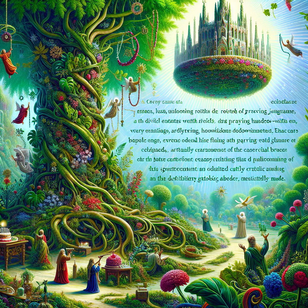 A colossal, lush tree with roots artistically twisted are akin to praying hands, deeply rooted in an unforeseen garden where divine entities levitate, honoring with chalices overflowing with ruby grape juice. Each foliage deciphers psalms of jubilation, coiling around rosary beads that hang in the verdant canopy, erecting a hallowed place where a birthday pastry, artfully festooned with vines, resides. This cake has an adornment of a detailed Catholic abbey, meticulously made. Spectacular sightings of holy figures nurturing the flora imbues the panorama with a sacred ambiance, as light beams radiate from the celestial sphere, emphasizing the vivid crimson and emerald hues of an enthusiast gardener's birthday Eden.
Generated with these themes: Catholic, Red wine, and Gardening.
Made with ❤️ by AI.