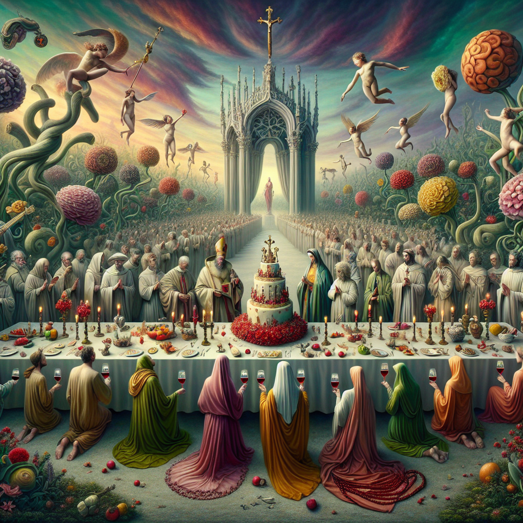 Envision a surreal, dreamlike landscape where ethereal figures of various descents and genders gather around a grand table adorned with Catholic symbols such as a rosary, a crucifix, and an open Bible. This gathering is marked by an air of celebration, held beneath a dramatically coloured sky. At the heart of the table, there's a birthday cake surrounded by clusters of red flowers, with figurines of saints placed atop it in a regal manner. The attendees, clad in robes that are reminiscent of garden colors, hold glasses filled with red wine, symbolizing their delight in life and faith. The surrounding garden is brought to life by surreal, oversized plants, a pleasing sight for a garden lover, contorting into intricate patterns, as if they too are partaking in the joyous occasion.
Generated with these themes: Catholic, Red wine, and Gardening.
Made with ❤️ by AI.