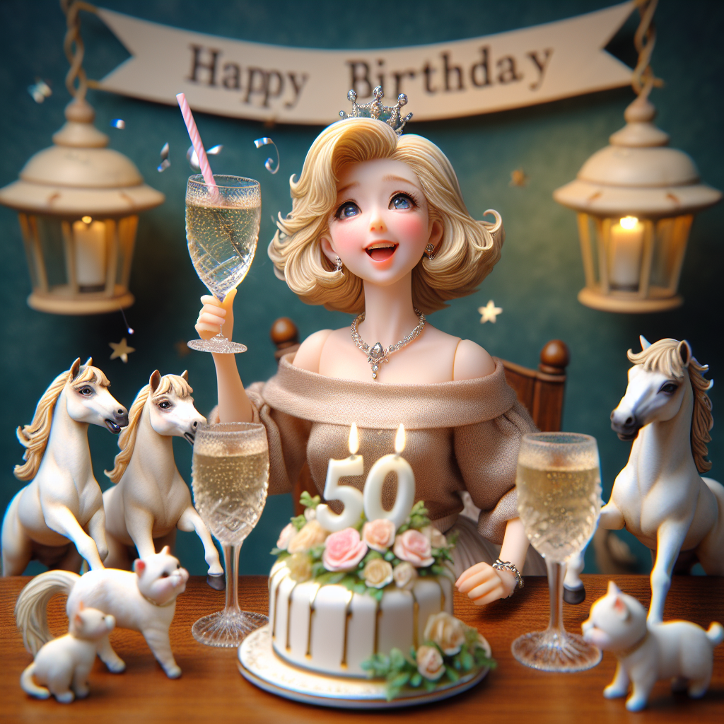 Depict a quaint birthday celebration with a realistic and cute ambience. The main character is a jubilant, blonde-haired Caucasian woman who is gracefully celebrating her 50th birthday, exuding happiness. She is surrounded by life-like figurines of petite horses and three affectionate cats, exemplifying the joyous spirit of the event. An elegantly set table is visible in the scene, featuring crystal glasses brimming with sparkling white wine, which mirror the elegance and sophistication of her age. Each sip taken marks the commemoration of another beautiful year in her life.
Generated with these themes: Horses, 3 cats, White wine, 50th birthday, and Blode woman.
Made with ❤️ by AI.
