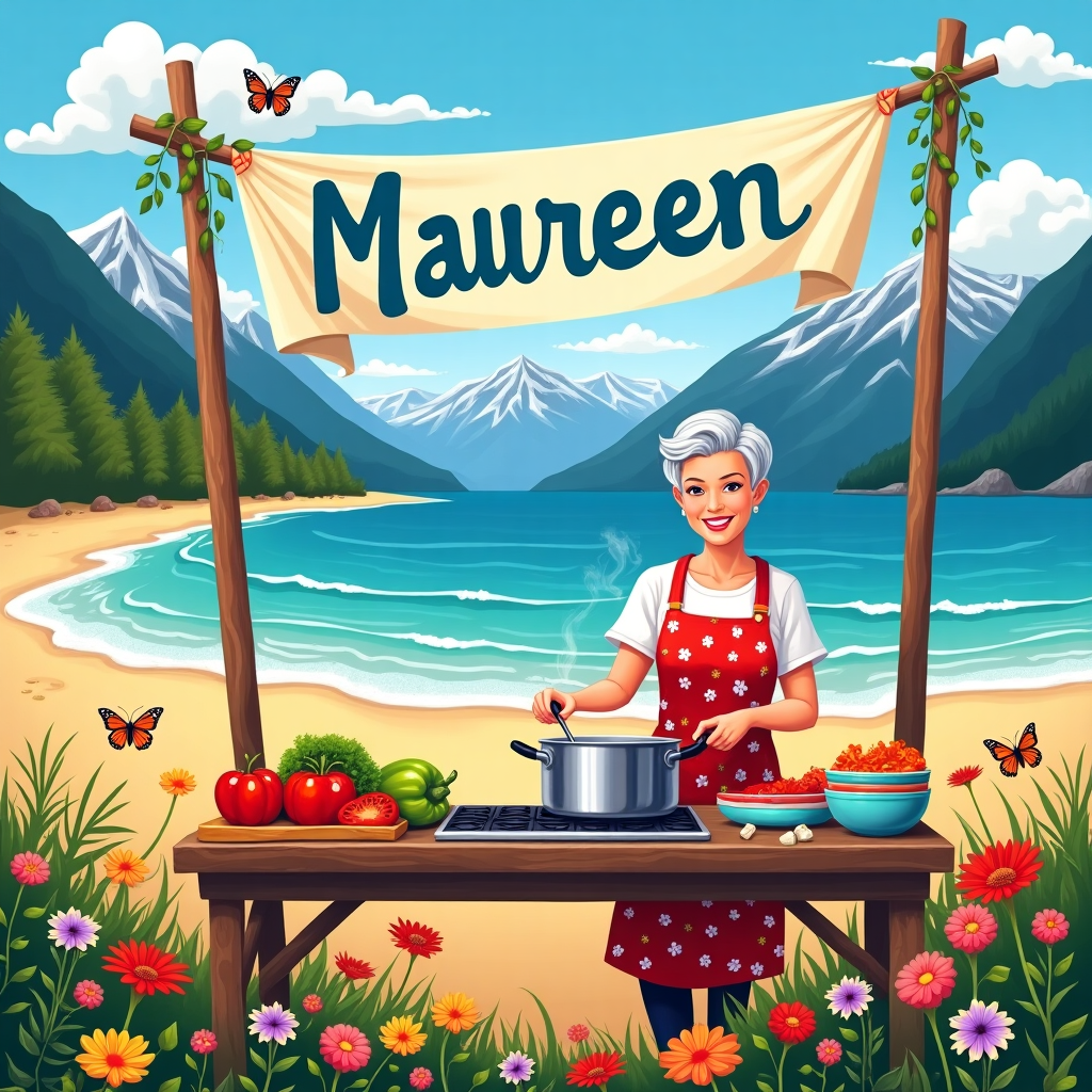 The scene is a vibrant tableau, perfectly marrying nature and domesticity. At the forefront, a beach stretches out with golden sand that meets a crystal-clear ocean, where gentle waves lap against the shore. In the distance, the majestic peaks of Canadian Rockies rise dramatically, capped with pure white snow, contrasting with the lush green slopes beneath.

In the foreground, a vibrant patch of wildflowers bursts with color: vivid reds, yellows, and purples. Amongst these blooms, several intricately detailed butterflies with iridescent wings flit gracefully, their colors reflecting in the warm sunshine that bathes the entire scene.

Nestled against this picturesque backdrop is an open-air kitchen set on the beach. A rustic wooden table is laden with cooking paraphernalia, including a gleaming stainless steel pot, a set of colorful ceramic bowls, and a stack of fresh ingredients like red tomatoes, green bell peppers, and sprigs of fresh herbs.

Standing at the table is a lady with short, stylishly silver hair, wearing a bright red apron with white floral patterns. She's joyfully stirring a pot, her movements caught mid-action as she prepares a delightful dish. Her presence is both inviting and central to the scene.

Above her, strung between two wooden poles, flutters a cheerful banner. Written in bold, friendly letters is the name "Maureen," painted in sky blue with each letter adorned by a small, whimsical butterfly resting atop them.

The sky is a bright, clear azure with only a few fluffy white clouds scattered across it, allowing the sunlight to illuminate every element of the scene, casting gentle shadows that add depth to the lifelike details of the photograph-style illustration.
Generated with these themes: Mountains, Beach, Flowers, Butterflies, Canada, Lady, Cooking, Kitchen, Sunshine, and .
Made with ❤️ by AI.