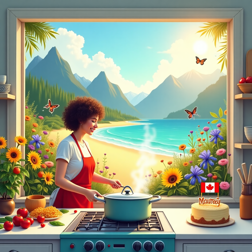 On the front of the birthday greeting card, a panoramic scene unfolds, seamlessly blending the requested themes. 

In the foreground, a bright, sunlit kitchen is depicted with pristine white countertops. A lady with short, curly hair wearing a red apron is joyfully cooking at a vintage, pastel blue stove. Her countertop is adorned with an array of vibrant ingredients: ripe red tomatoes, vivid green basil leaves, and golden pasta strands. A sleek silver pot bubbles energetically on the stovetop, releasing aromatic steam that curls upwards.

Beyond the kitchen, through a wide-open window, an expansive view of both majestic mountains and a serene beach is visible. The mountains, painted in shades of deep greens and blues, are dusted with a touch of snow on their peaks. The beach, kissed by gentle waves, boasts soft golden sands that stretch to meet the horizon.

Dotting the landscape outside the window, a colorful garden flourishes. A rainbow of flowers—brilliant yellow sunflowers, deep purple irises, and delicate pink peonies—burst into view. Among the blooms, butterflies in intricate patterns of blues, oranges, and blacks flit playfully, their wings catching the sunlight.

To tie in the Canadian theme, a small, red-and-white Canadian flag is subtly placed on a decorative cake sitting on a kitchen table to the side. The cake is layered with creamy frosting and topped with sugared fruit. 

In the sky above the scene, fluffy clouds drift lazily, and one cloud has formed the shape of the name "Maureen," crafted in wispy, white letters, as though brushed by an artist's hand. The sun hangs bright and warm, casting a golden hue over the entire scene, tying together the vibrant, lifelike details.
Generated with these themes: Mountains, Beach, Flowers, Butterflies, Canada, Lady, Cooking, Kitchen, Sunshine, and .
Made with ❤️ by AI.