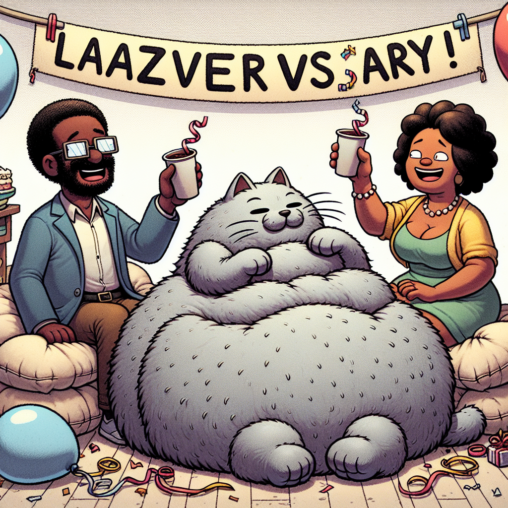 Generate a comical image representing an anniversary scene. The central element is a cartoonish, plump feline character named 'Lazy', who is comfortably resting on a large pile of soft pillows. Accompanying Lazy are two joyful individuals, an African American man and a Hispanic woman, toasting to their anniversary with paper cups that are humorously connected by a long, intertwined string. The room around them is festively decorated with irregular streamers and balloons, with the most prominent balloon humorously having the inscription 'Laziversary!'
Generated with these themes: Lazy.
Made with ❤️ by AI.