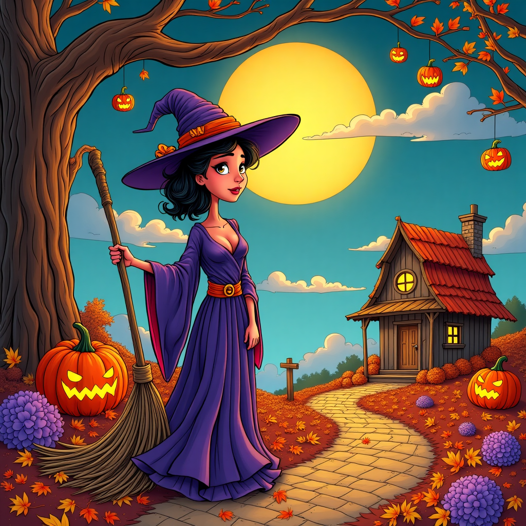 **Card Front Cover Illustration Description:**

In the foreground, a sexy witch with exaggerated, comical features stands confidently. She's wearing a deep purple, slightly tattered witch’s hat adorned with golden autumn leaves and a vibrant sash around the brim. Her flowing robe is a mix of autumn oranges and purples, with playful patterns reminiscent of swirling leaves. She holds a broomstick that's humorously bent at the end, almost as if it's been through countless wild rides. Her exaggerated eyes sparkle with a mischievous glint, reminiscent of Charles Schulz's iconic style.

Behind her, an autumnal scene unfolds. The ground is a warm, tapestry-like carpet of fallen leaves in reds, yellows, and oranges, with a hint of purple flowers peeking through the foliage. These flowers have oversized petals and vibrant hues, almost cartoonish in their presence, perhaps a nod to Osamu Tezuka’s bold color palette.

A large, comically oversized, bright purple flower towers to her left, its face painted with a slightly bewildered expression, giving it a playful personality. Nestled among the petals is a tiny, Belarusian-style wooden house, intricately detailed like something out of Hergé’s Tintin, with ornate carvings and a thatched roof.

The sky is a rich, twilight blue, transitioning into a pumpkin-spice orange towards the horizon. Wispy clouds shaped like exaggerated hearts drift across the sky, and in the center, a large heart-shaped moon glows softly. Across this moon, in bold, swirling letters reminiscent of R. Crumb’s work, the name "Stacy" is playfully inscribed, casting a shadow on the clouds below.

In the background, a row of whimsical, gnarled trees arches over the scene, their branches twisting and curling in dramatic, exaggerated lines. Tiny jack-o’-lanterns hang from the branches like lanterns, their expressions comically exaggerated, illuminating the scene with a soft glow.

This vibrant, cartoonish illustration, with its blend of seasonal elements and playful character design, creates a visually rich and amusing Valentine’s Day greeting card front cover.
Generated with these themes: Purple flower , Autumn, Sexy witch, and Belarusian .
Made with ❤️ by AI.