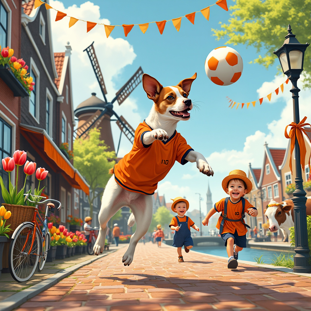 Sure, here’s a detailed description of the scene for your birthday greetings card:

In the foreground, center stage, a jubilant Jack Russell Terrier with expressive, mischievous eyes is caught mid-air, leaping to headbutt a soccer ball. The dog is wearing a miniature, orange Dutch soccer jersey with the number '10' on its back, a nod to the Netherlands' national soccer team. The Jack Russell's wiry fur is illustrated with delicate, detailed lines, capturing the essence of its spirited nature.

The background is set in a vibrant, picturesque Dutch village during springtime. Traditional Dutch houses with gabled facades and vivid colors line a quaint cobblestone street. The houses are adorned with window boxes overflowing with tulips in a riot of colors—red, yellow, and pink. There’s a windmill in the distance, its blades frozen mid-spin, adding an iconic Dutch touch.

To the left, a wooden clogs stall adds a whimsical element; the clogs are painted in various traditional patterns. Nearby, a bicycle with a wicker basket full of soccer balls is parked against a lamppost wrapped in orange streamers and festoons. A canal runs along the right side, with small, charming boats gently floating on the water. Overhead, cheerful pennant banners in orange and white crisscross the sky, flapping lightly in a gentle breeze.

Behind the leaping Jack Russell, a couple of children, dressed in traditional Dutch attire—girls in bonnets and boys in breeches—are energetically chasing after the soccer ball, their faces lit with laughter. The children’s outfits are detailed with intricate lace and embroidery, reflecting a nod to Norman Rockwell’s portrayal of lively, everyday scenes.

To add a humorous twist, in the distant background, there’s a cow wearing an oversized orange hat, casually chewing on grass while watching the game, completely unfazed by the excitement. Above, the sky is a serene blue with a few fluffy white clouds, but the scene is grounded by the rich, earthy tones of the cobblestones and buildings, much like Maxfield Parrish's enchanting use of colors.

This intricate, lively, and humorous scene perfectly blends the themes of Jack Russell, soccer, and the Netherlands, making it a delightful and unique birthday greeting card front cover.
Generated with these themes: Jack Russell, Soccer, and Netherlands.
Made with ❤️ by AI.