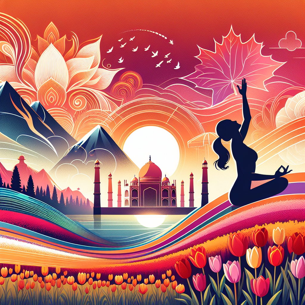 Create a mesmerizing vector birthday theme that features a harmonious blend of yoga and nature. The main composition includes graceful silhouettes of South Asian descent fervently practicing yoga against a radiant backdrop where the sun gently dips behind towering mountains leading to a tranquil ocean. Subtle elements symbolizing India like the architectural triumph of the Taj Mahal smoothly blend into fields of brightly colored tulips representing the Netherlands, while a scarlet maple leaf pays tribute to Canada. A streak of vibrant tones, inspired by the Diwali and Holi festivals, infuses the scene with a celebratory spirit.
Generated with these themes: Yoga, Nature, Mountains, Ocean, India, Netherlands, Canada, Diwali, Holi .
Made with ❤️ by AI.